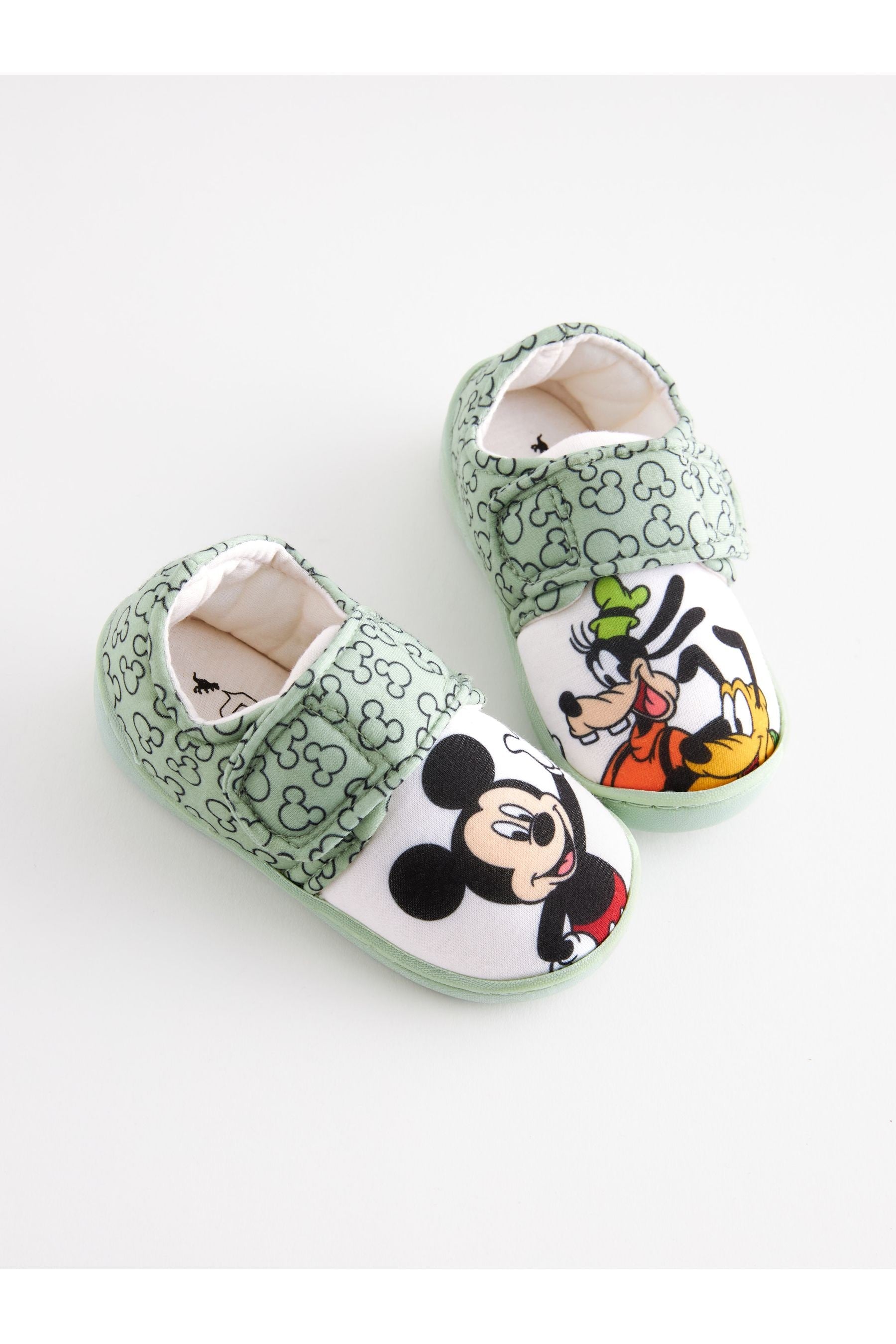 Mickey Mouse Green/Ecru Cream Touch Fastening Cupsole Print Slippers