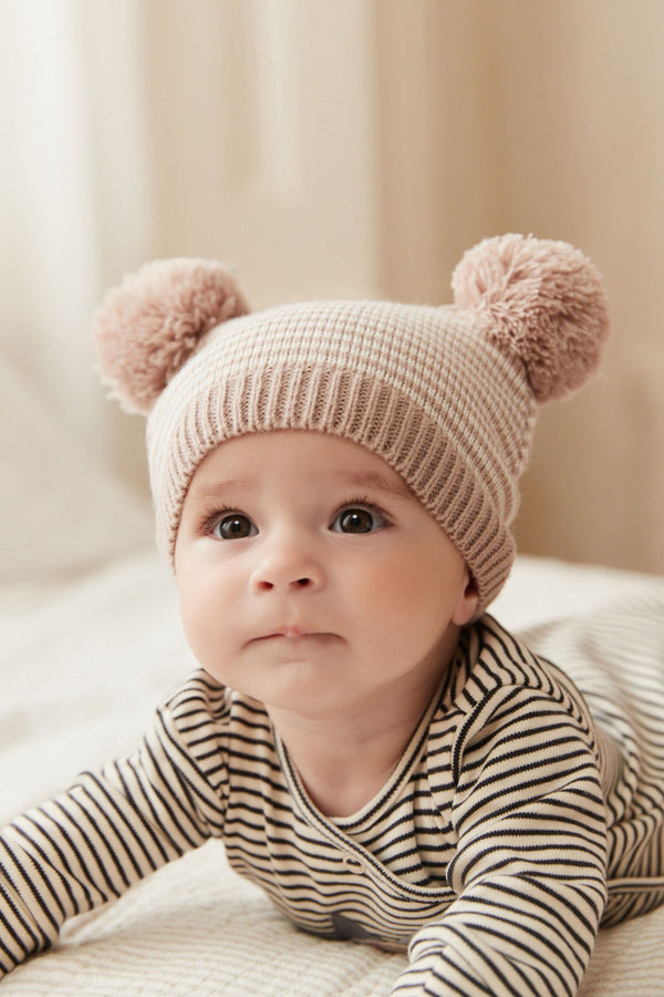 Beige Brown/Cream Stripe Double Pom Pom Knitted Baby Hat (0mths-2yrs)