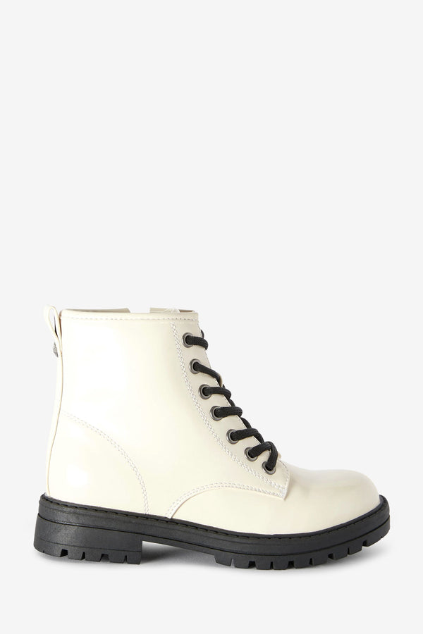 Bone White Patent Warm Lined Lace-Up Boots