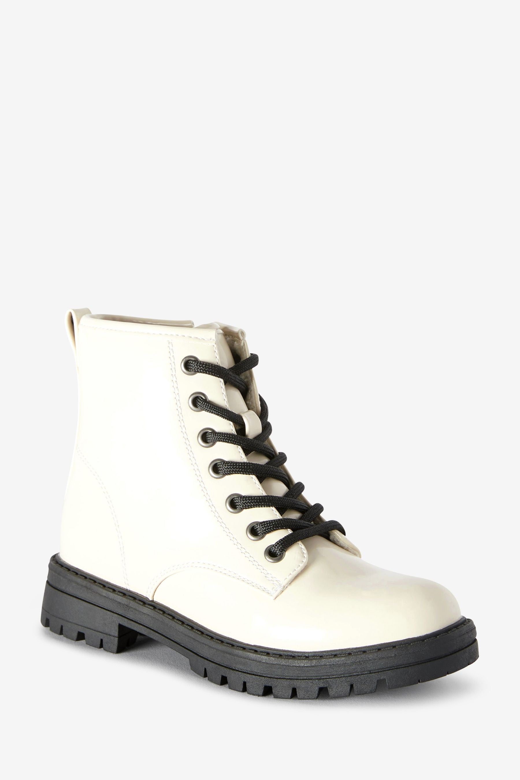 Bone White Patent Warm Lined Lace-Up Boots