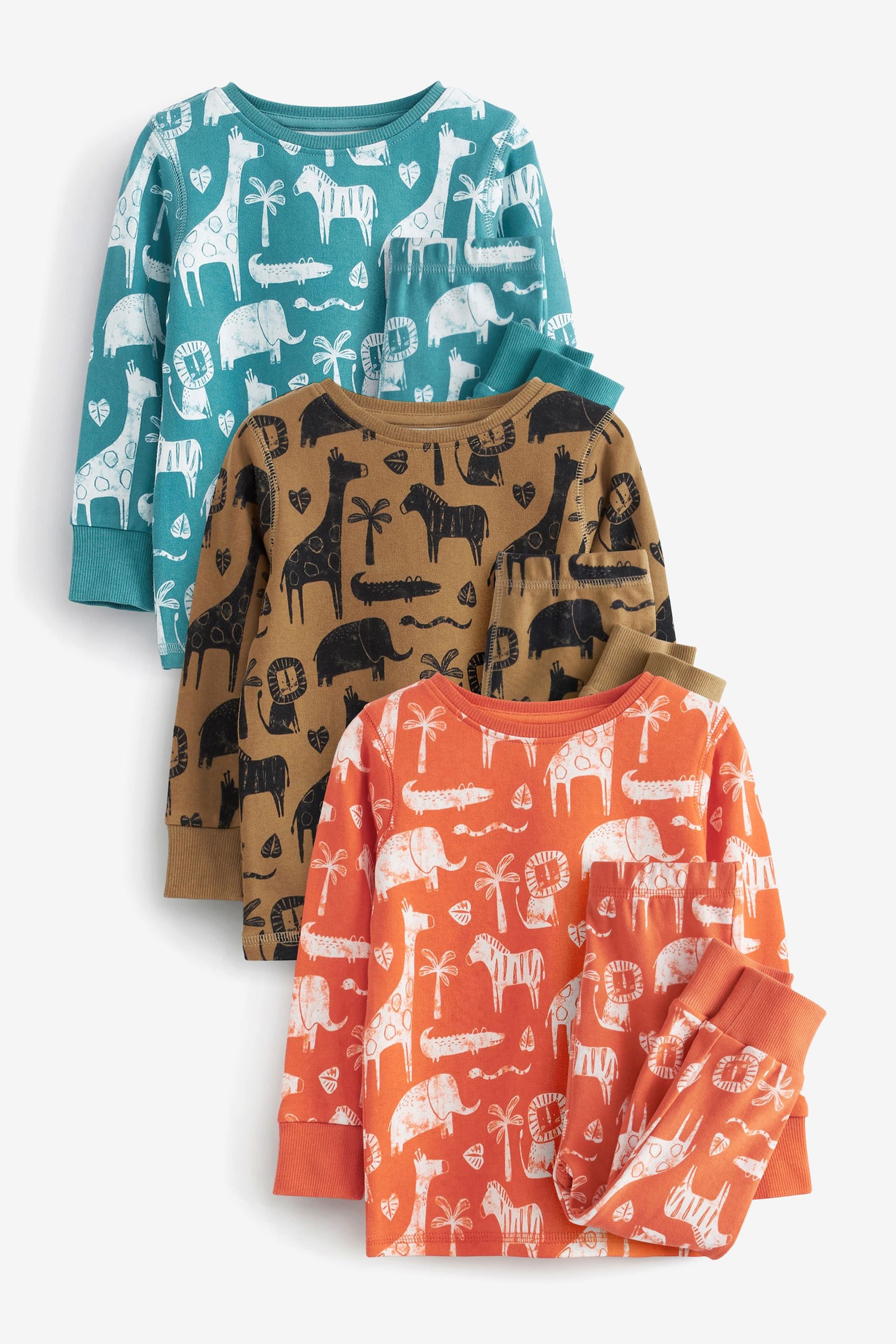 Multi 3 Pack Long Sleeve And Snuggle Leg Safari Animal Pyjamas