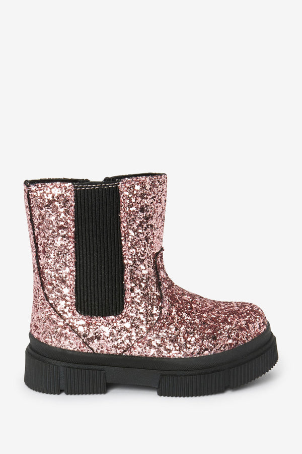 Pink Glitter Chunky Chelsea Boots