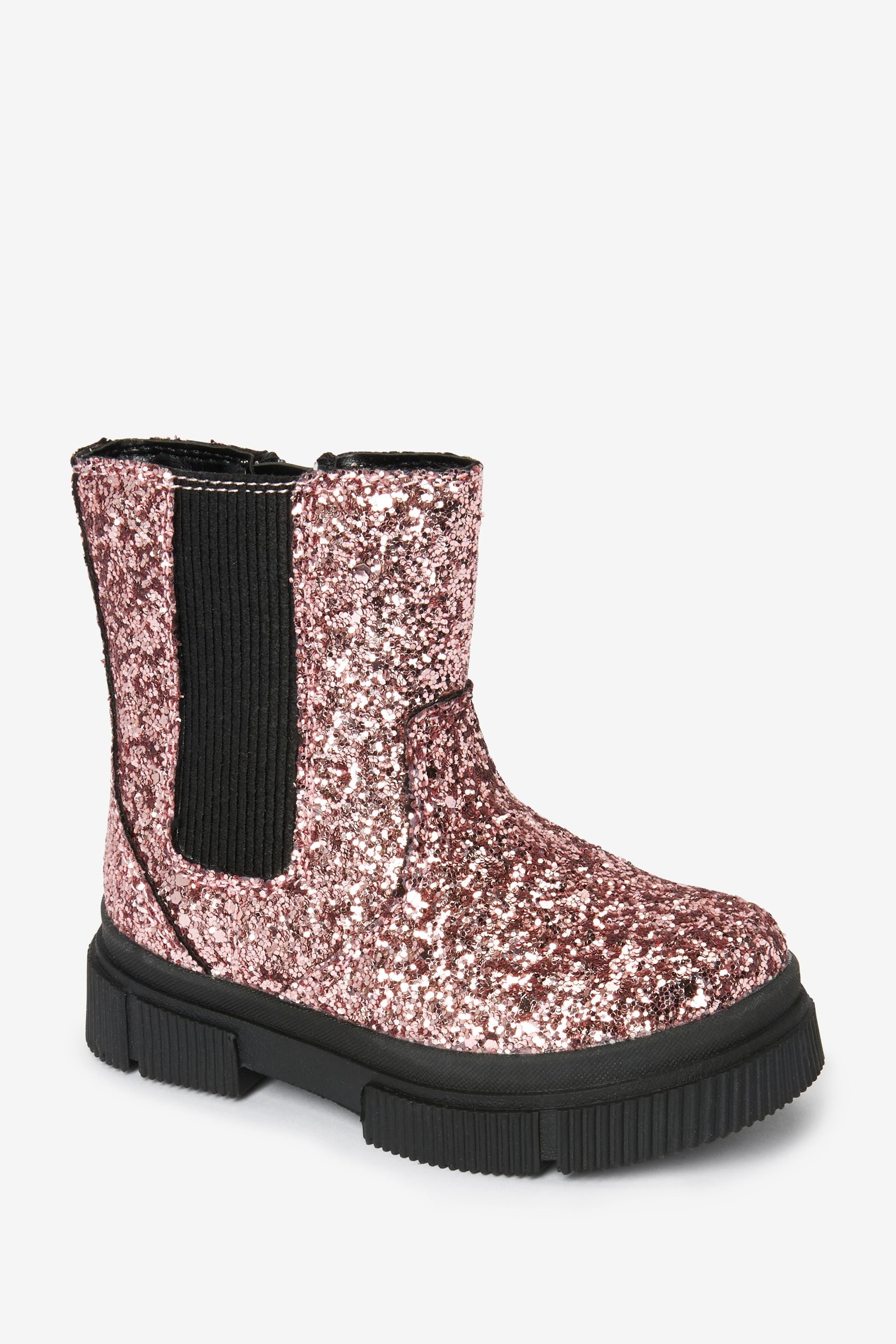 Pink Glitter Chunky Chelsea Boots