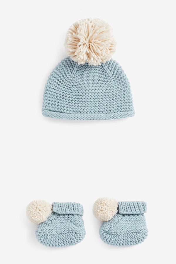 Blue Knitted Baby Hat And Booties (0-12mths)