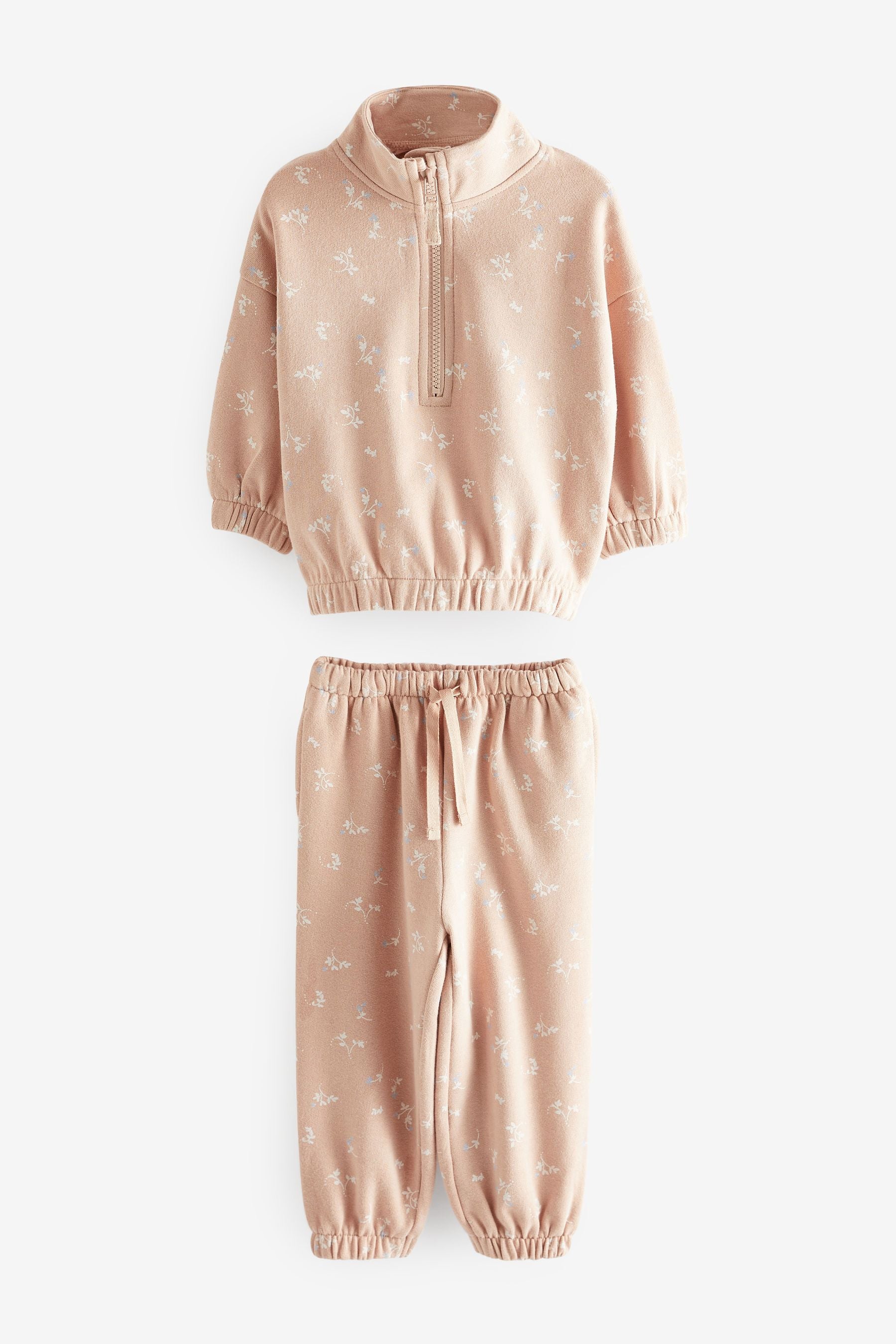 Beige Floral Half Zip Sweatshirt And Joggers Co-ord Set (3mths-7yrs)