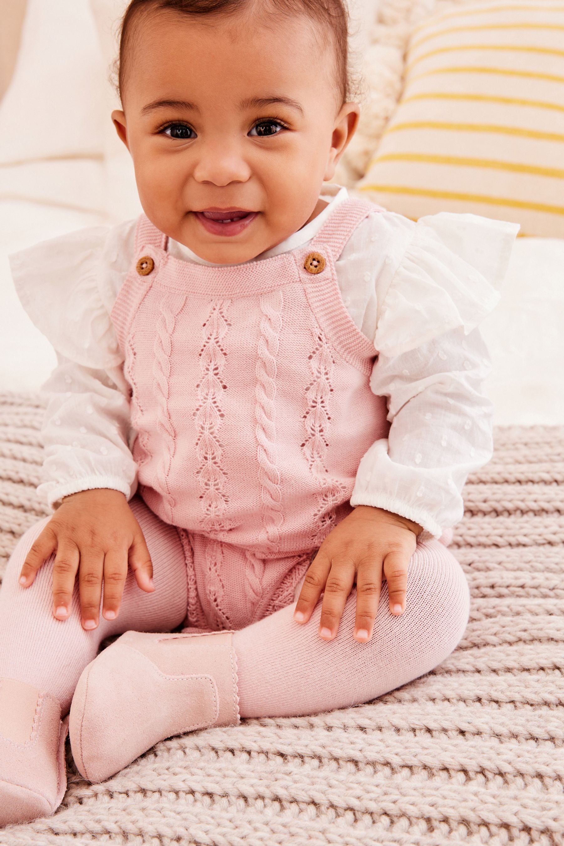 Pink Pink Cable Knitted Baby Romper, Blouse and Tights Set (0mths-2yrs)