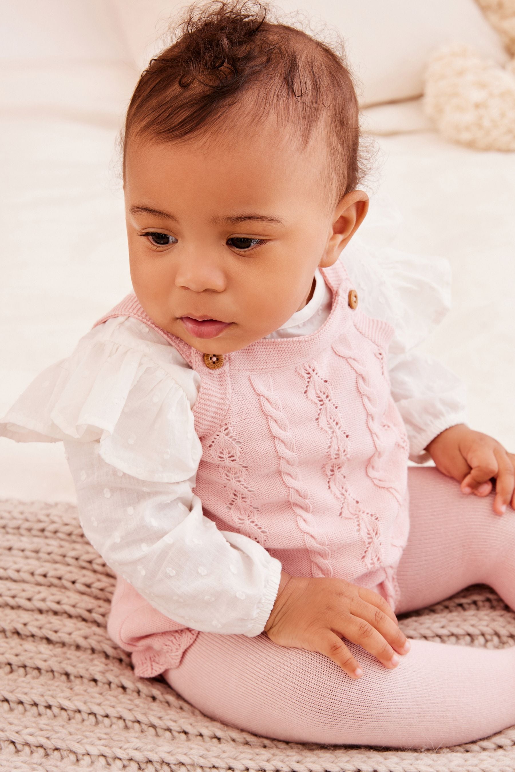 Pink Pink Cable Knitted Baby Romper, Blouse and Tights Set (0mths-2yrs)