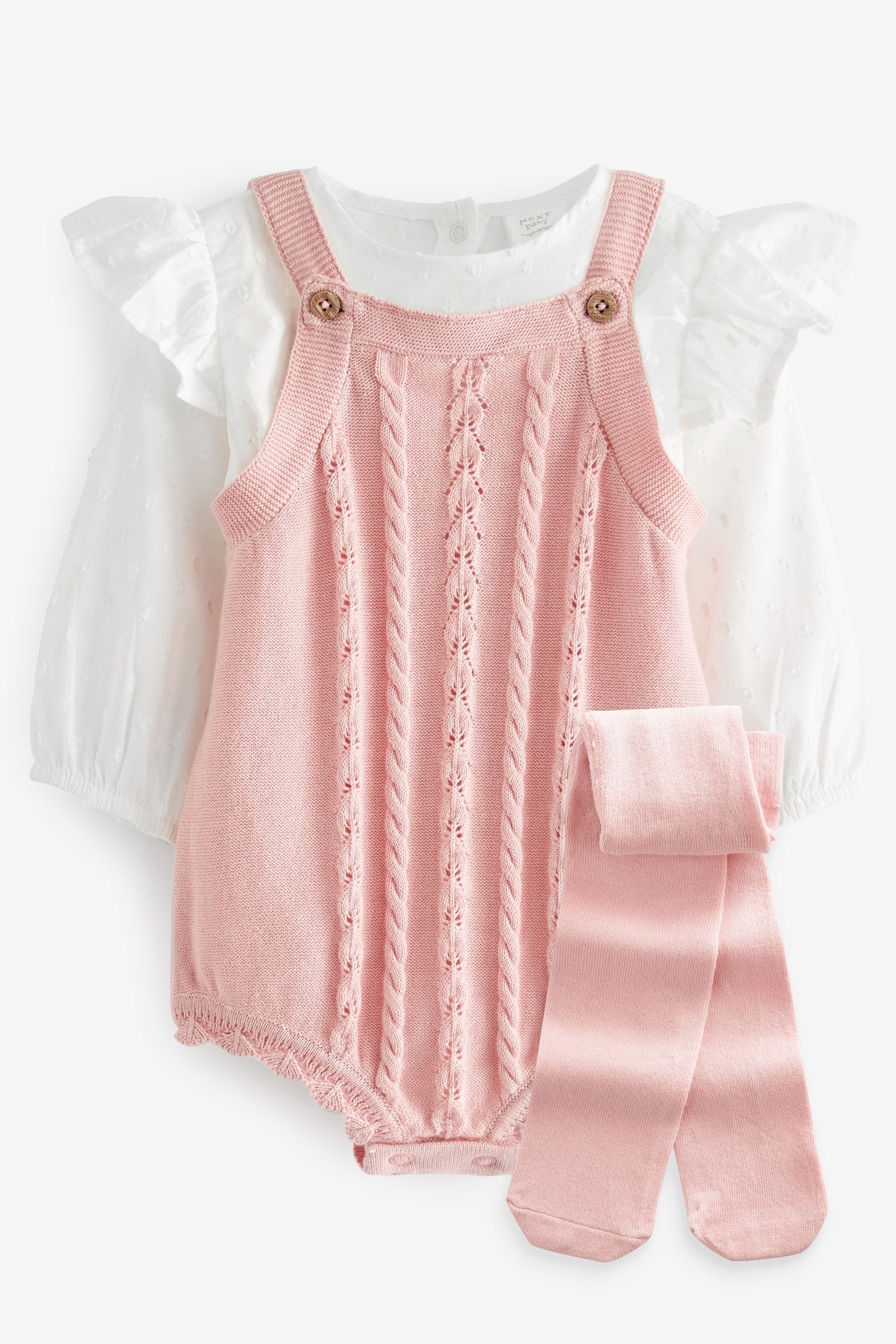 Pink Pink Cable Knitted Baby Romper, Blouse and Tights Set (0mths-2yrs)