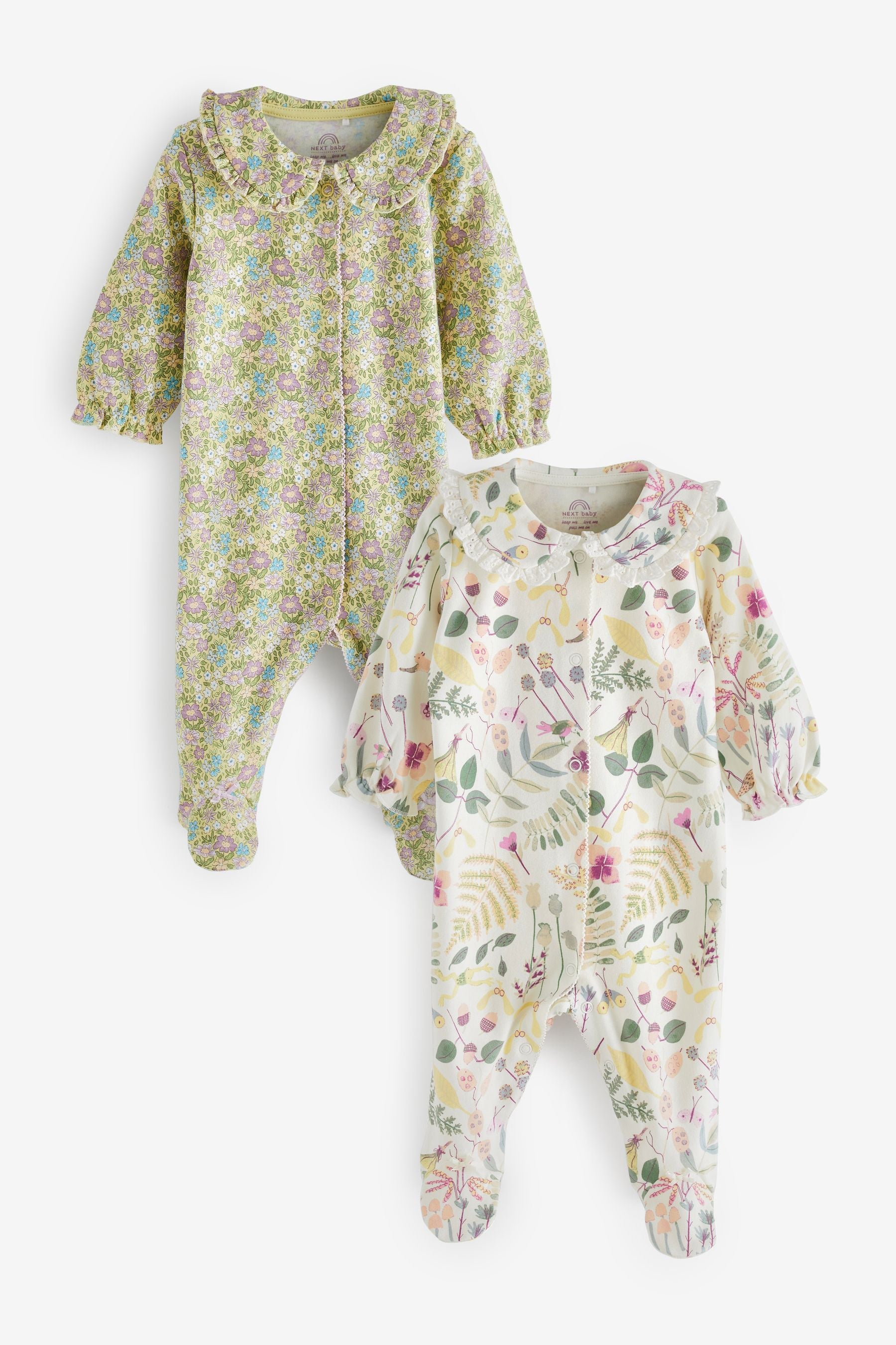 Sage Green Floral With Collar 2 Pack Sleepsuits (0-2yrs)