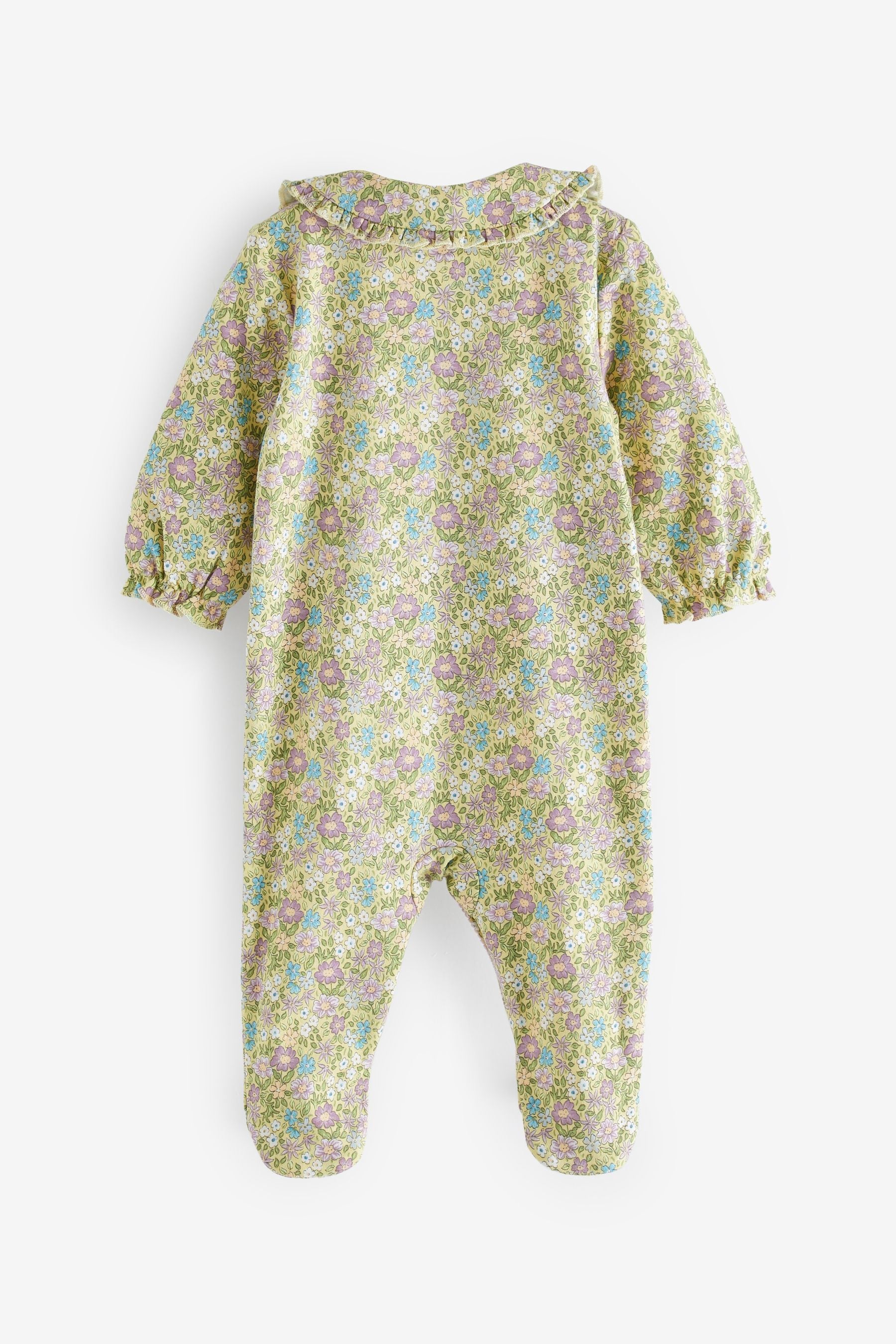 Sage Green Floral With Collar 2 Pack Sleepsuits (0-2yrs)