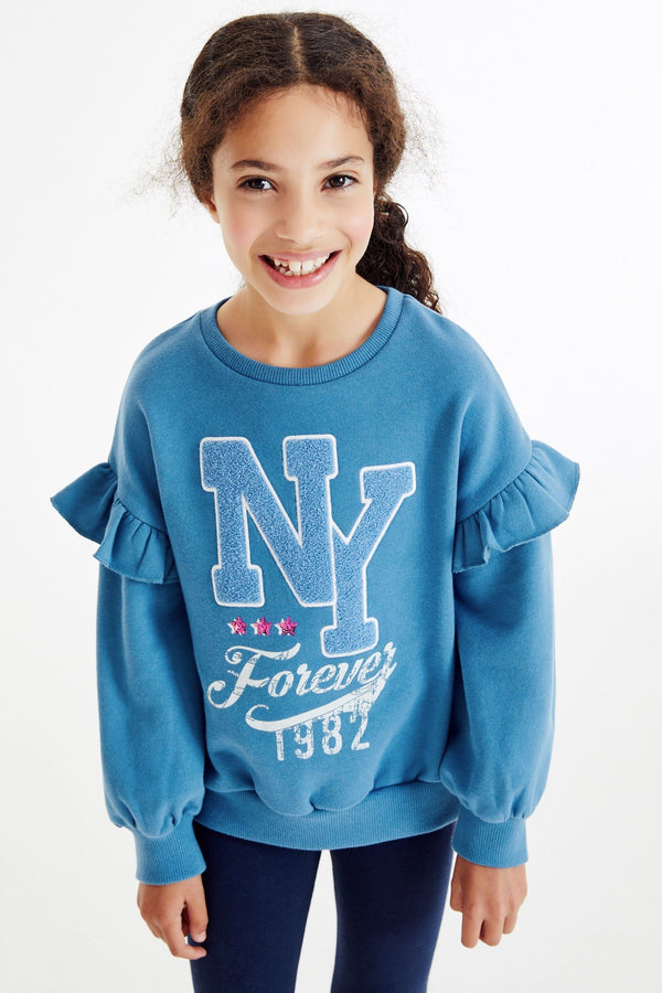 Blue Varsity Frill Sleeve Sweatshirt (3-16yrs)