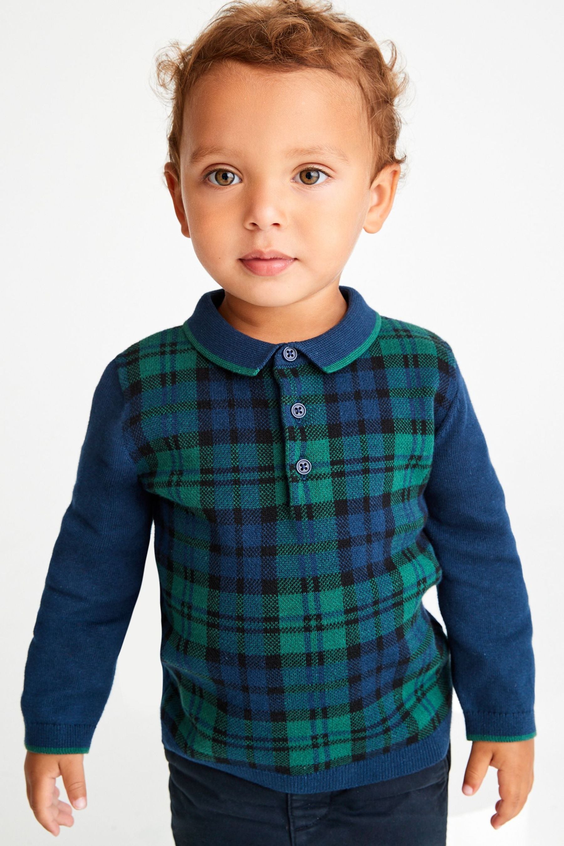 Green Check Long Sleeve Patterned Polo Shirt (3mths-7yrs)