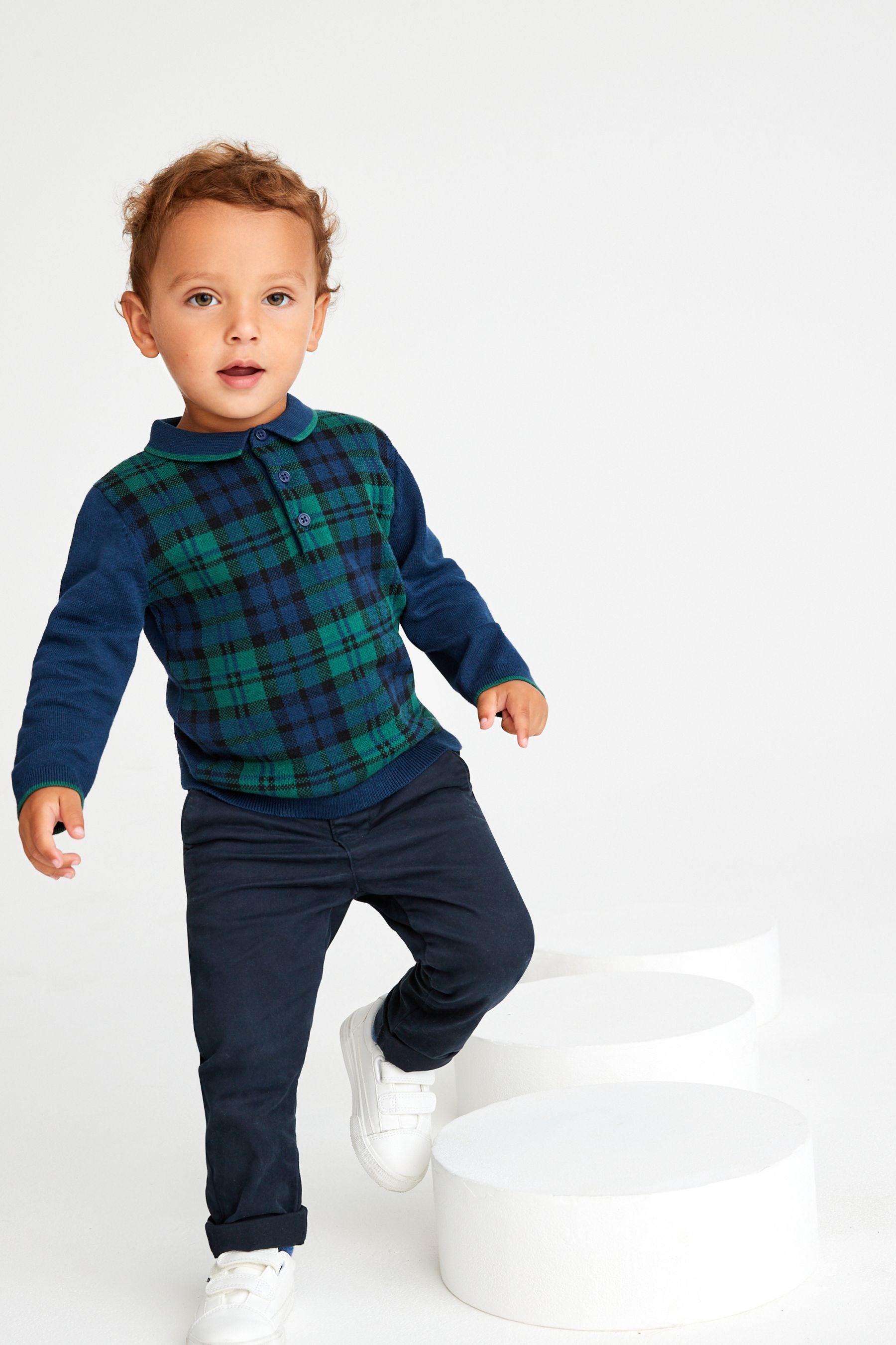 Green Check Long Sleeve Patterned Polo Shirt (3mths-7yrs)