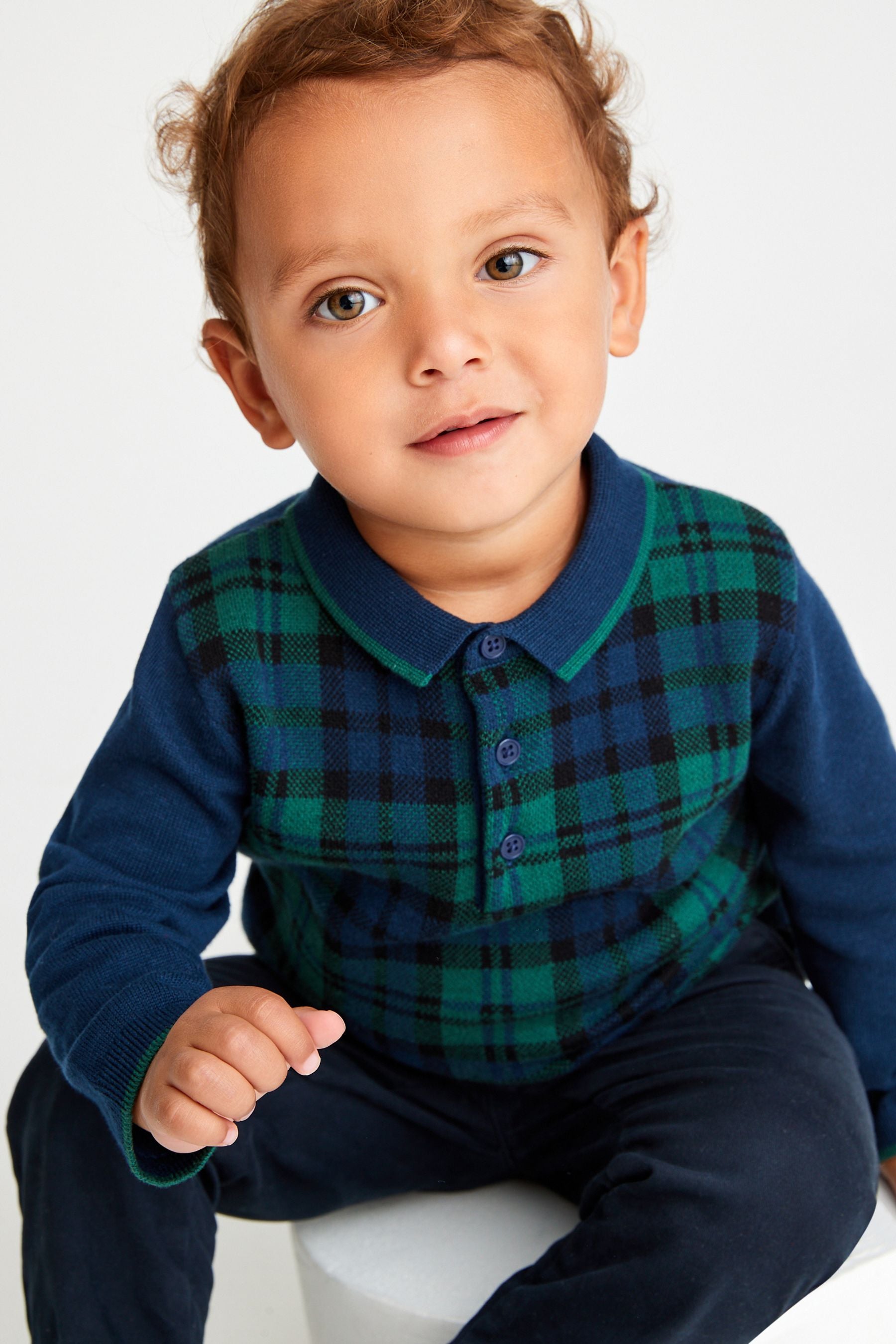 Green Check Long Sleeve Patterned Polo Shirt (3mths-7yrs)