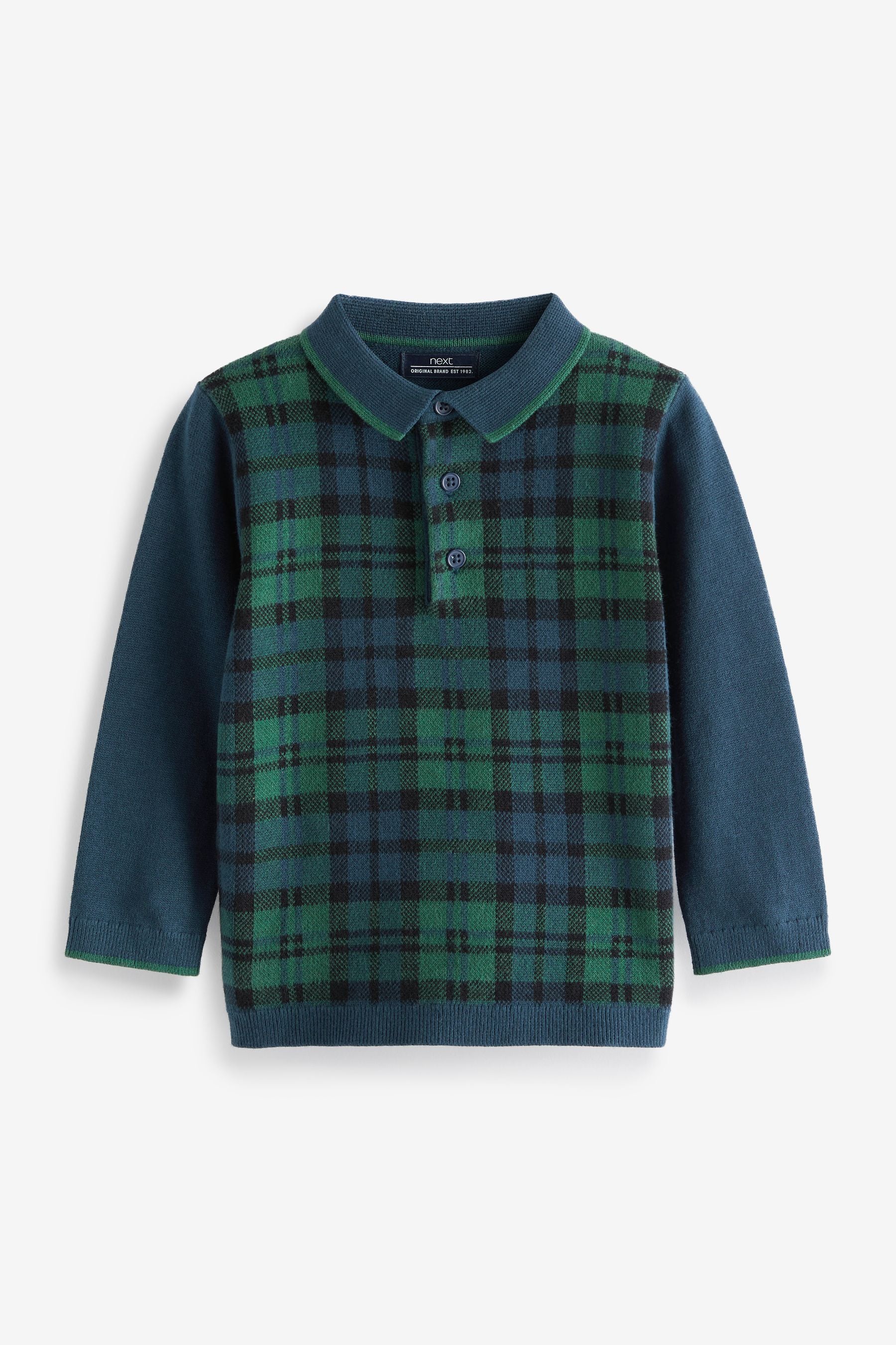 Green Check Long Sleeve Patterned Polo Shirt (3mths-7yrs)