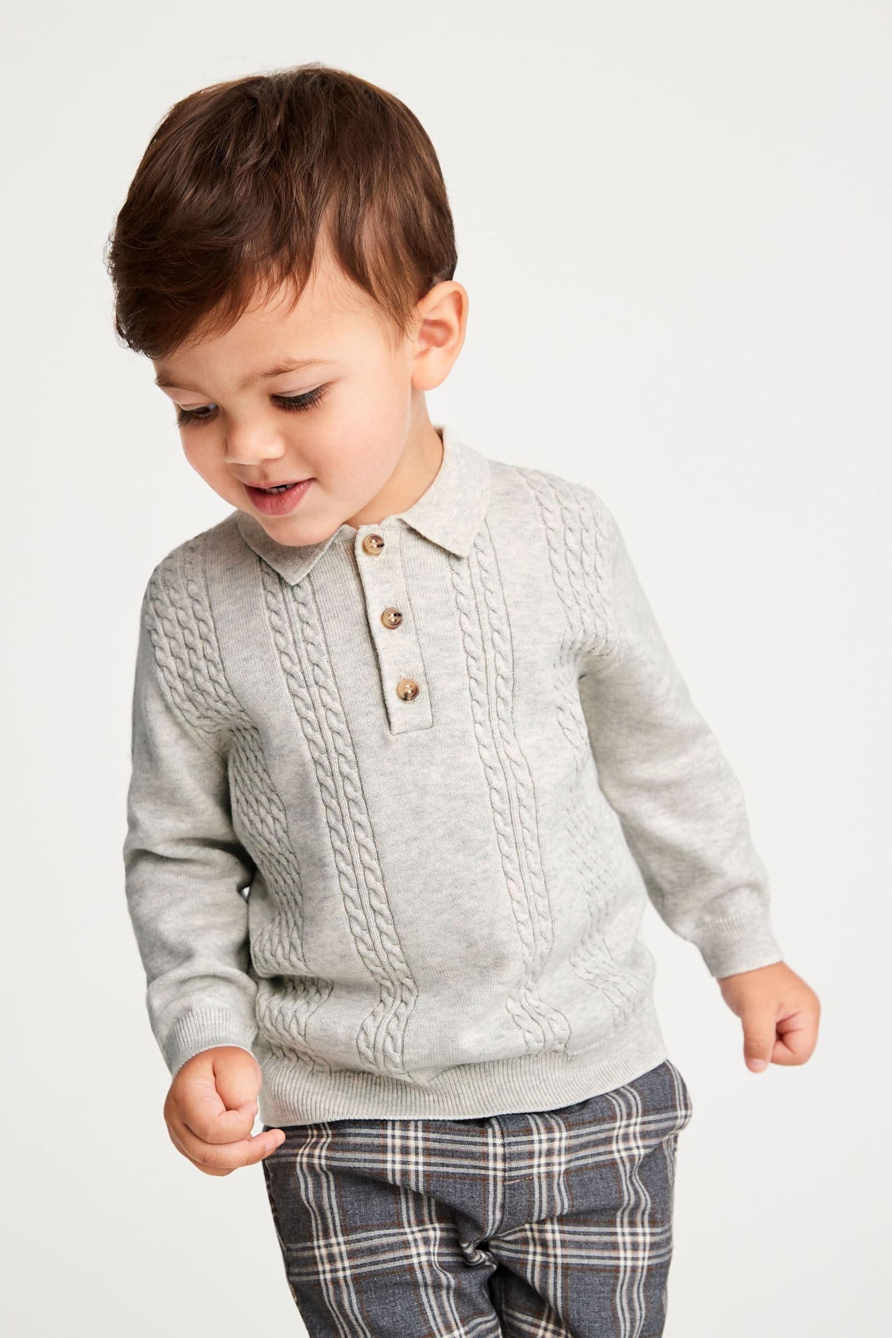 Grey Long Sleeve Cable Polo Shirt (3mths-7yrs)