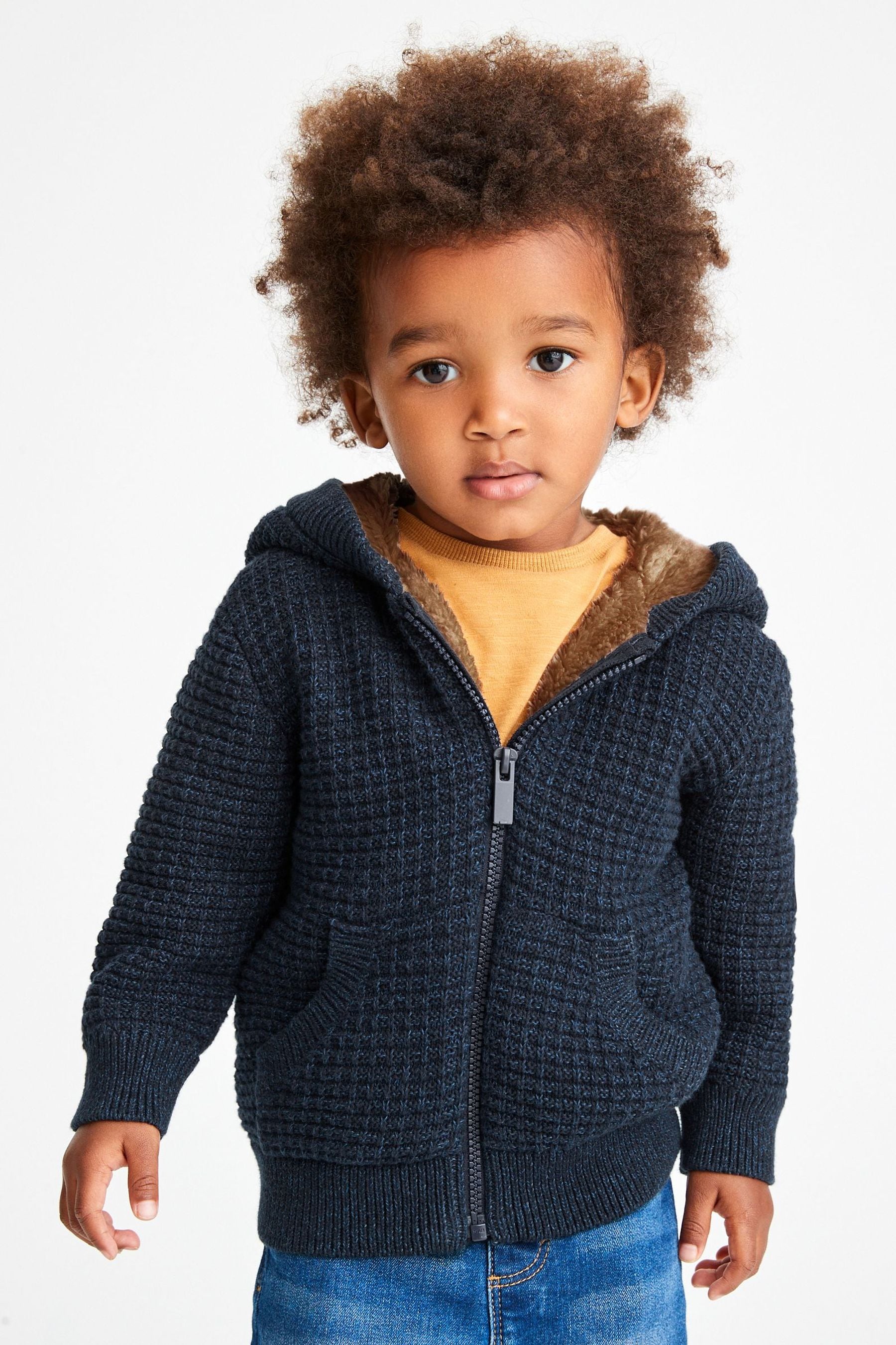 Blue Denim Teddy Lined Knitted Hoodie (3mths-7yrs)