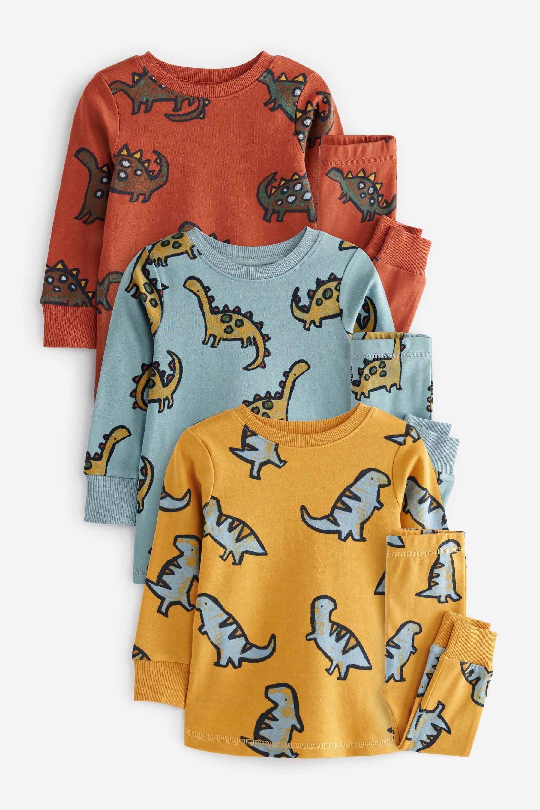 Multi 3 Pack Long Sleeve And Snuggle Leg Dino Pyjamas