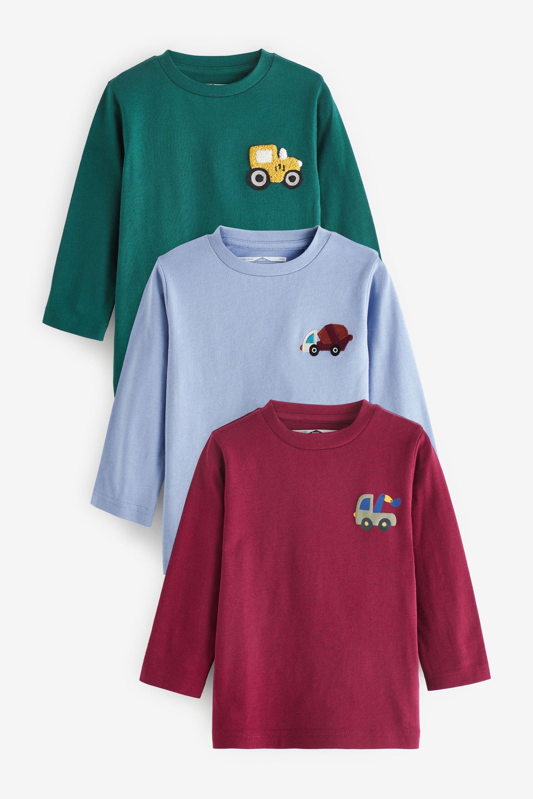 Red/Green Vehicles Long Sleeve Character T-Shirts 3 Pack (3mths-7yrs)