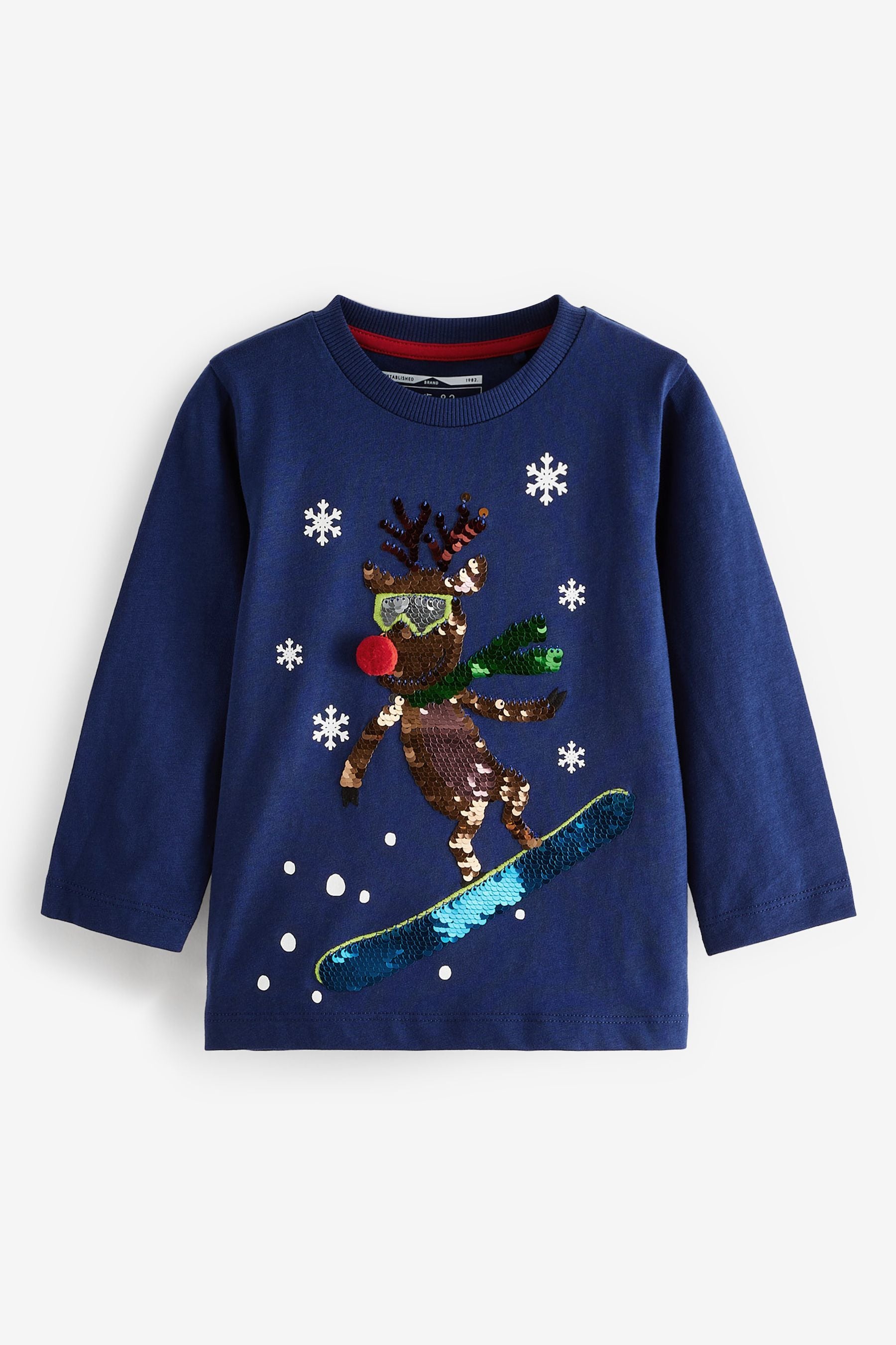 Blue Reindeer Flippy Sequin Long Sleeve Christmas T-Shirt (3mths-7yrs)