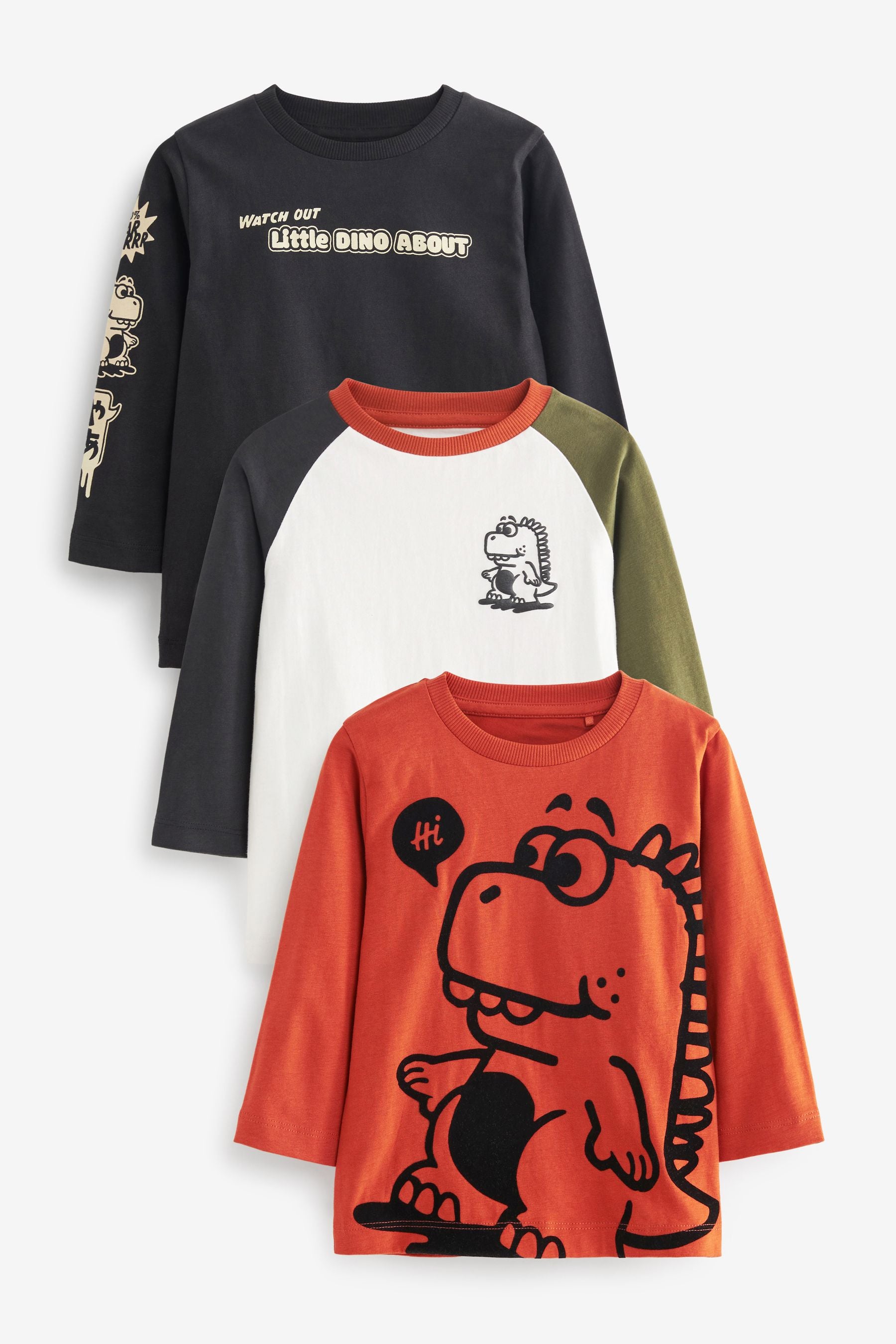 Rust Brown Dino Long Sleeve Character T-Shirts 3 Pack (3mths-7yrs)