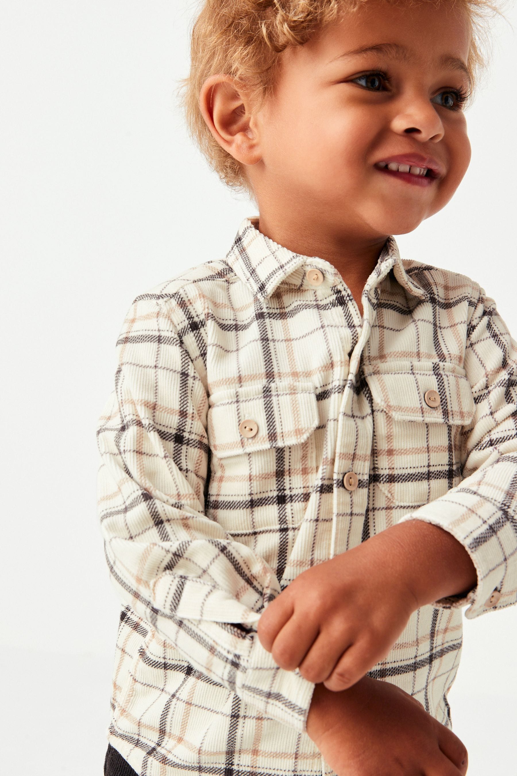 White With Grey Check Long Sleeve Cord Shirt (3mths-7yrs)