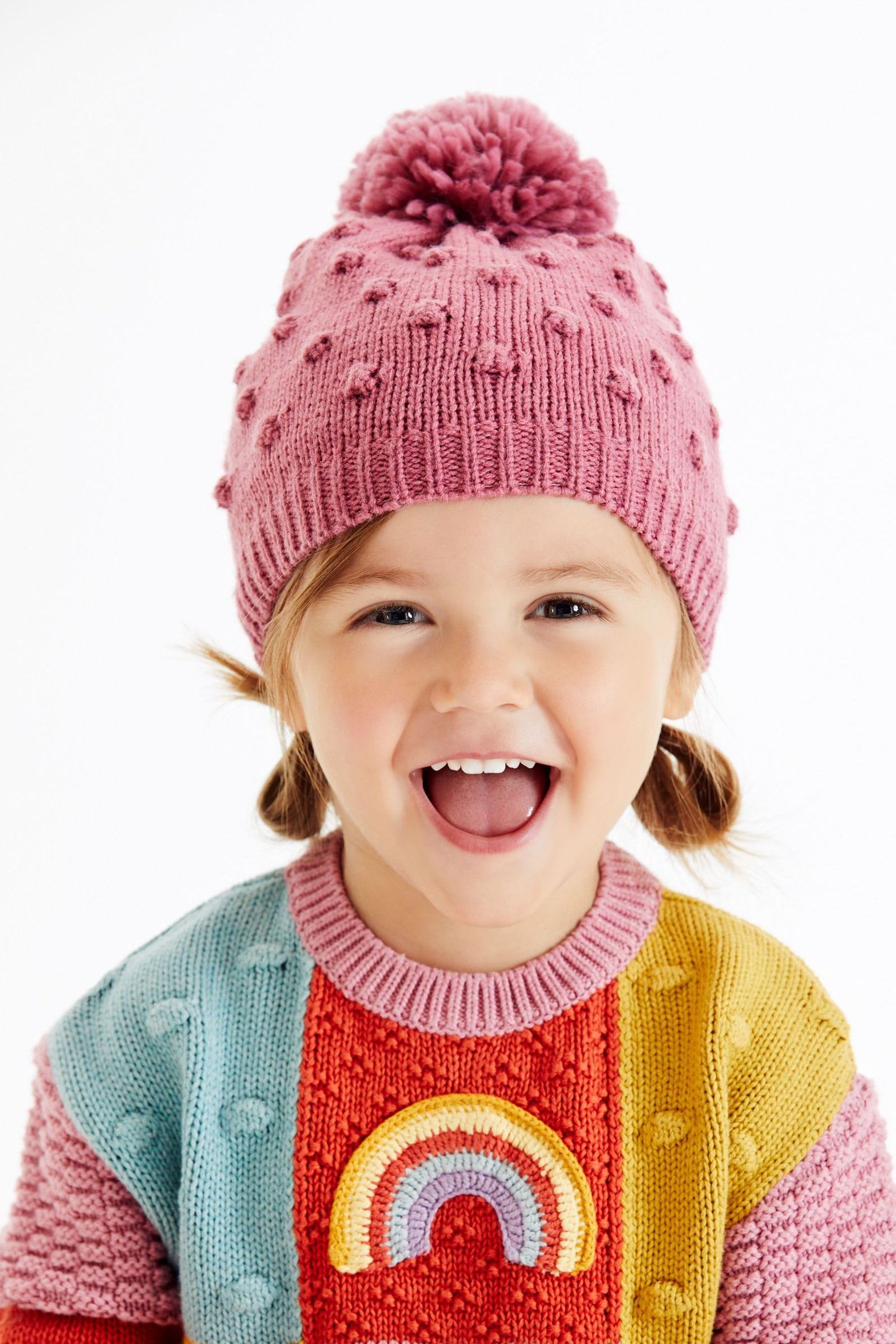 Pink Lightweight Knitted Pom Pom Hat (3mths-10yrs)