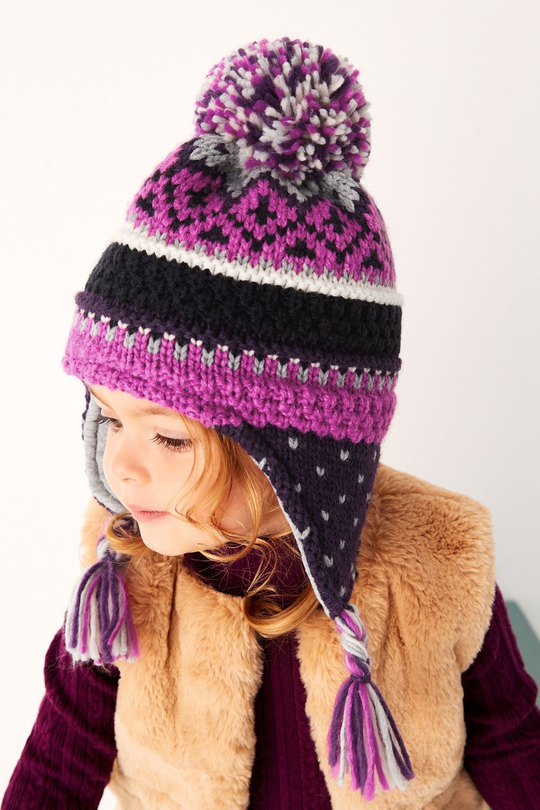 Pink/Navy Blue Fairisle Pattern Trapper Hat (3mths-13yrs)