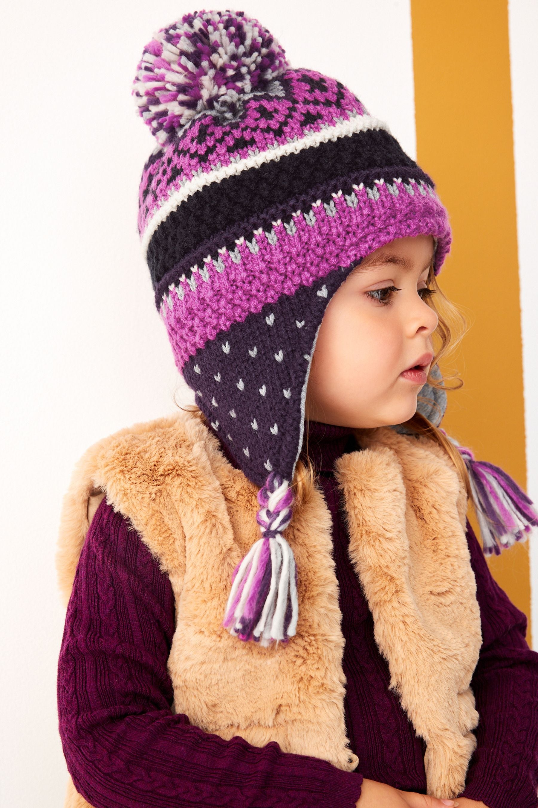 Pink/Navy Blue Fairisle Pattern Trapper Hat (3mths-13yrs)