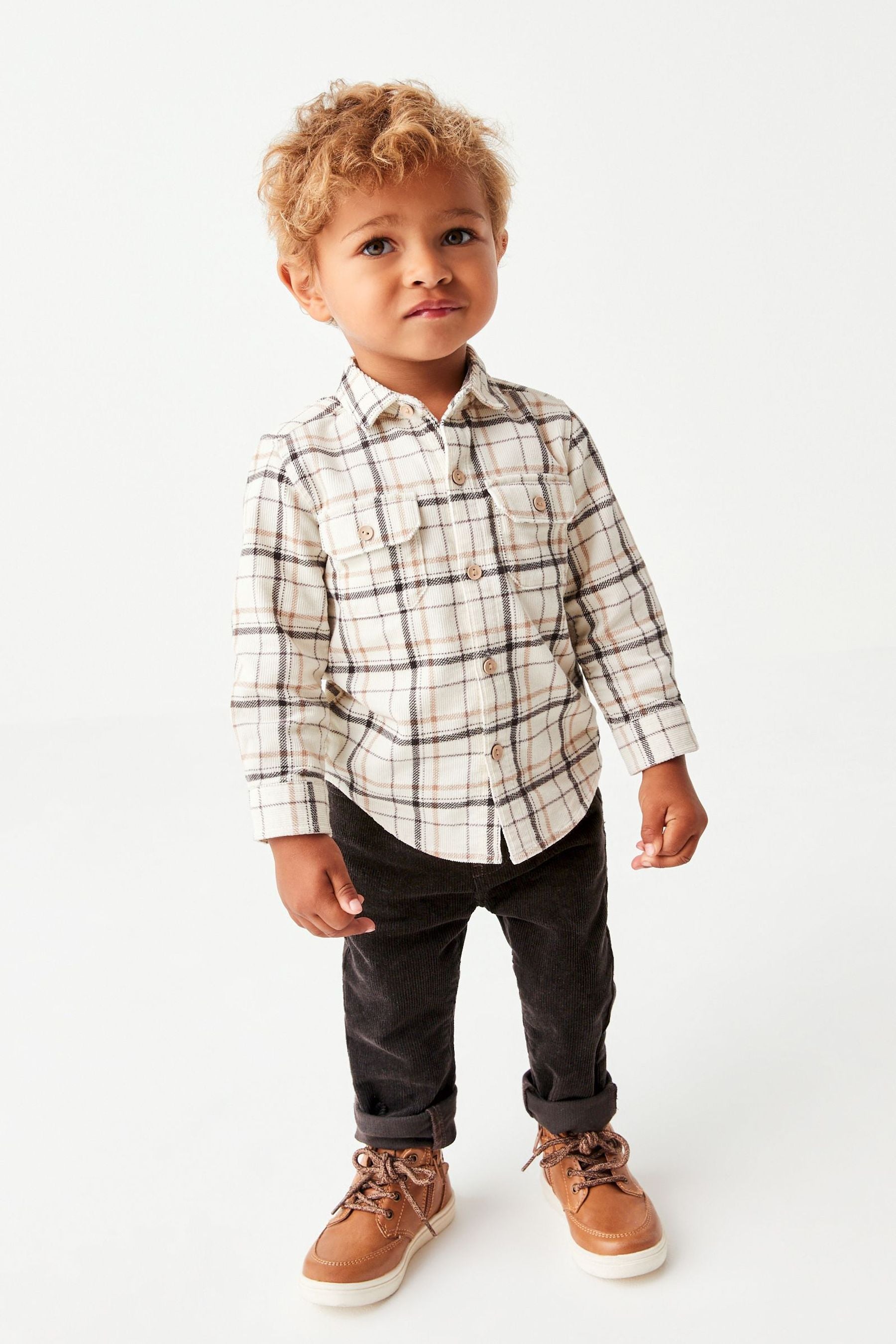 White With Grey Check Long Sleeve Cord Shirt (3mths-7yrs)