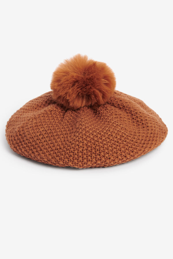 Camel Brown Knitted Pom Pom Beret (3mths-10yrs)