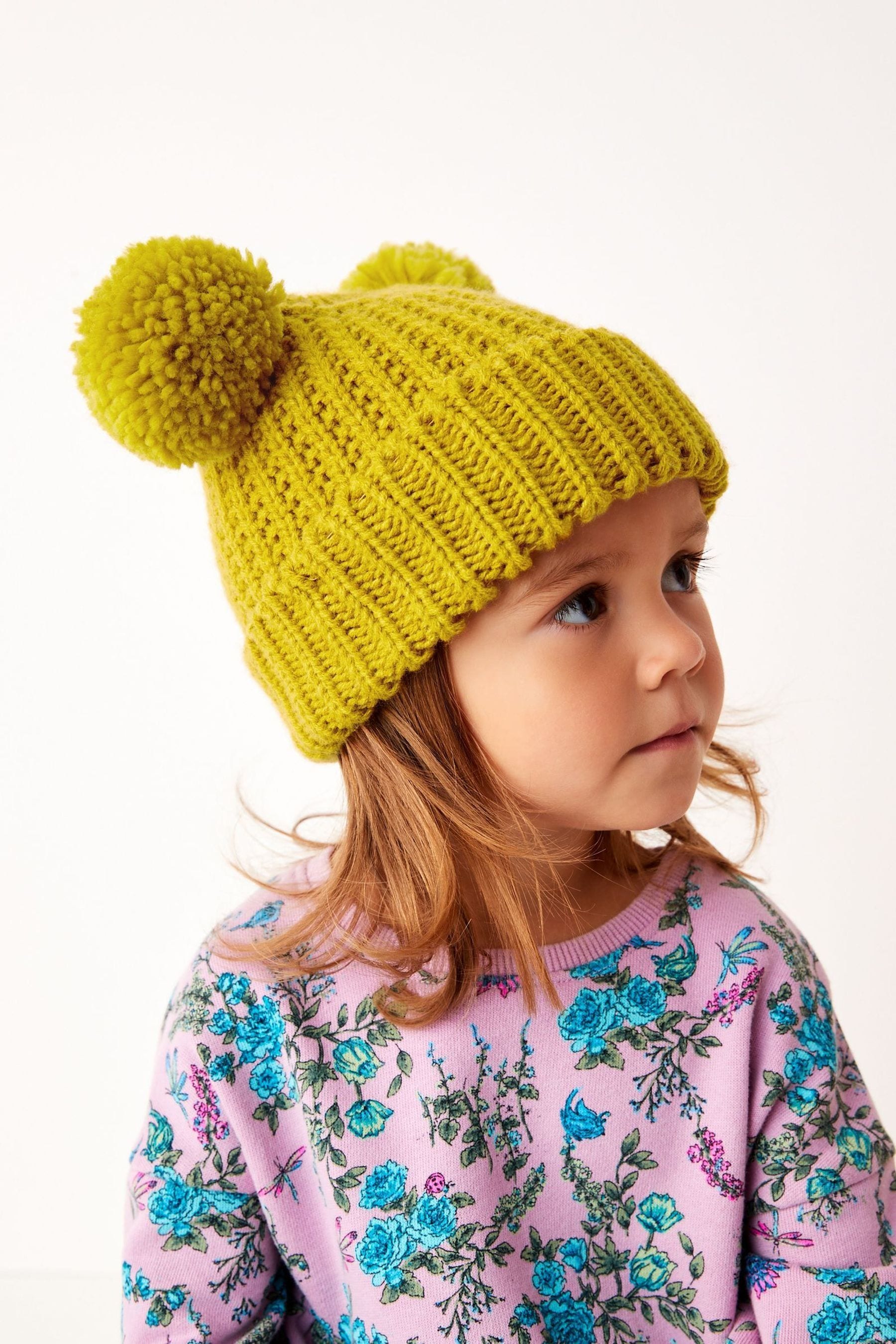 Ochre Yellow Double Pom Pom Beanie Hat (3mths-6yrs)