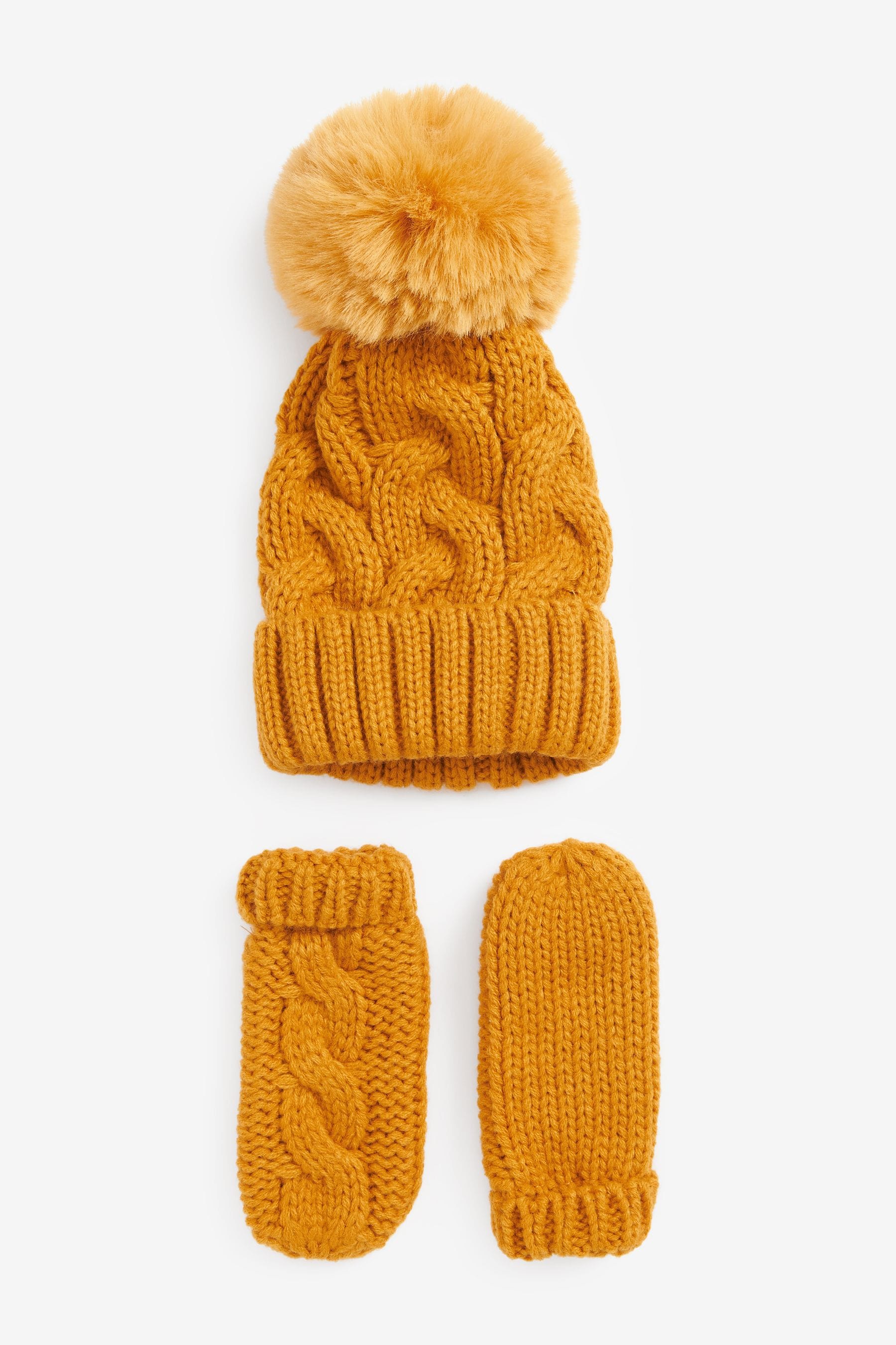 Ochre Yellow 2 Piece Knitted Hat And Mittens Set (3mths-6yrs)