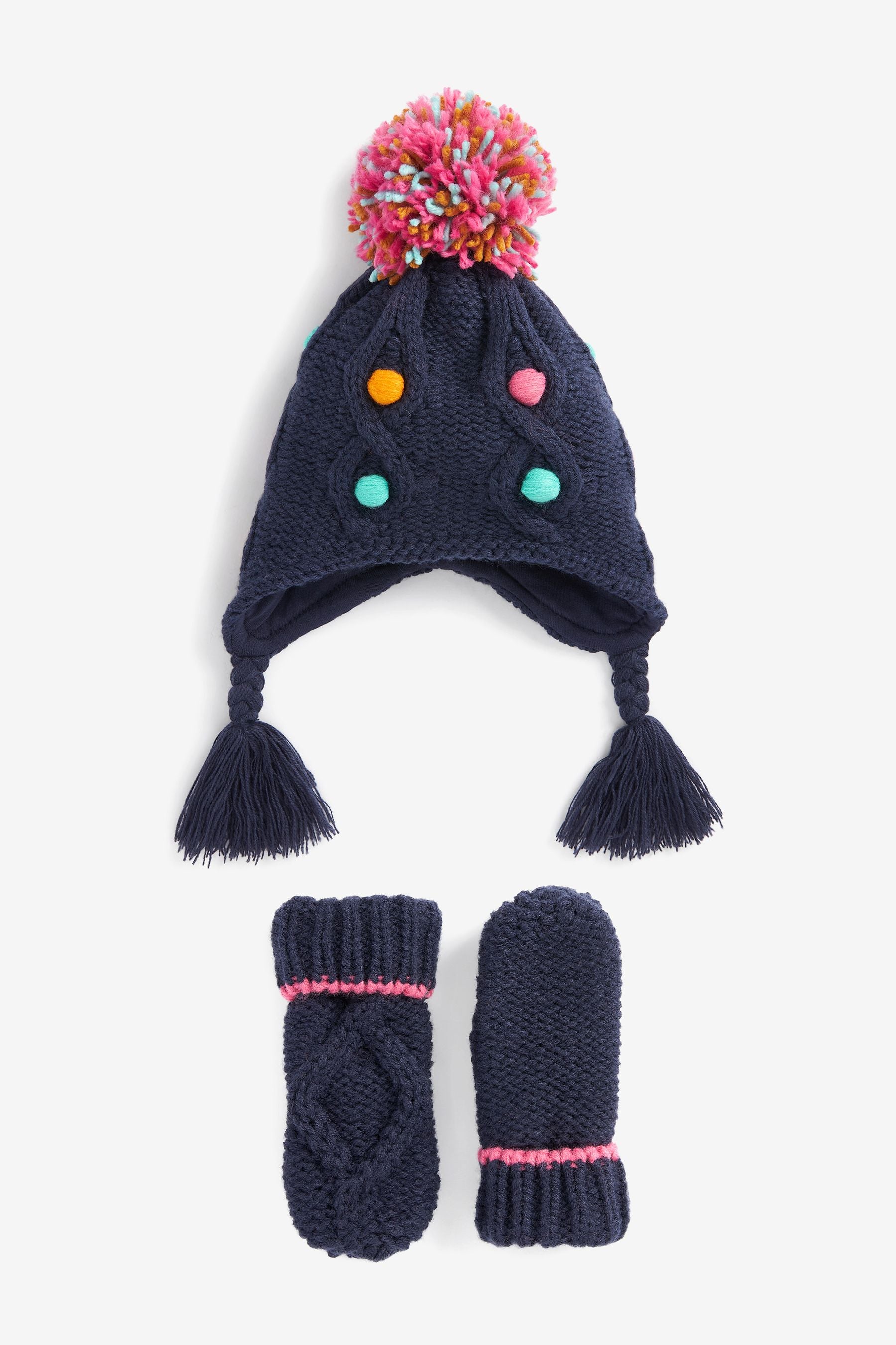 Navy Blue 2 Piece Pom Pom Trapper Hat And Mittens Set (1-6yrs)