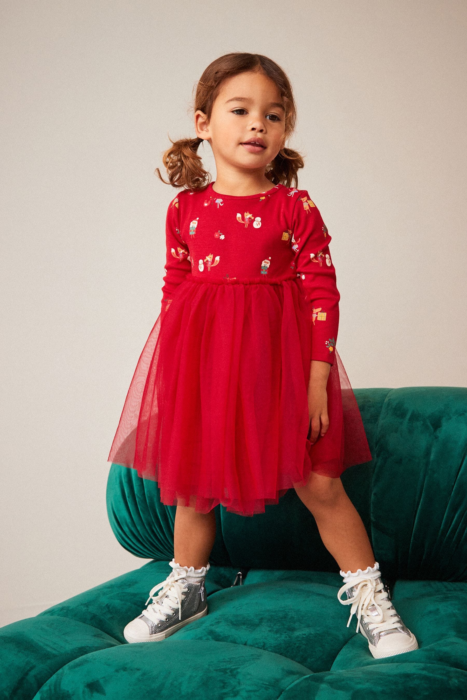 Red Christmas Long Sleeve Printed Tutu Dress (3mths-7yrs)