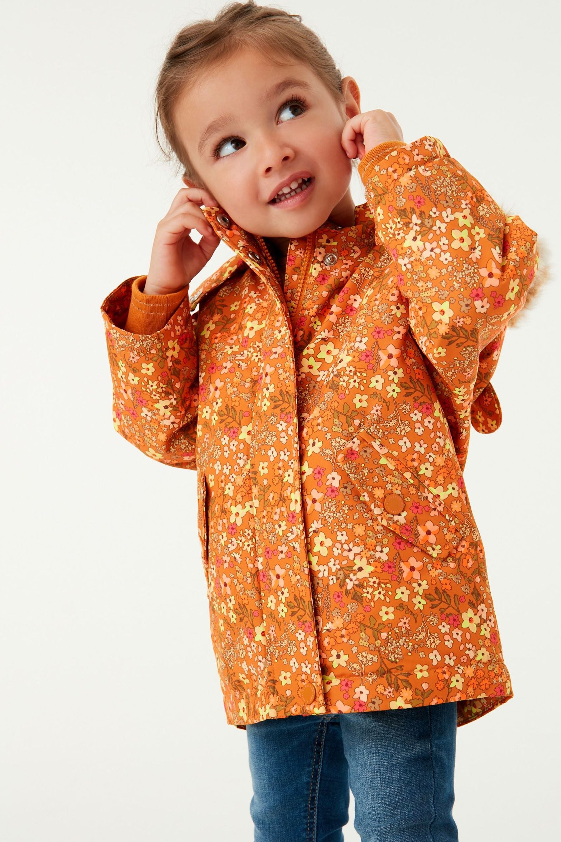 Ochre Yellow Waterproof Printed Padded Coat With Faux Fur Hood (3mths-7yrs)