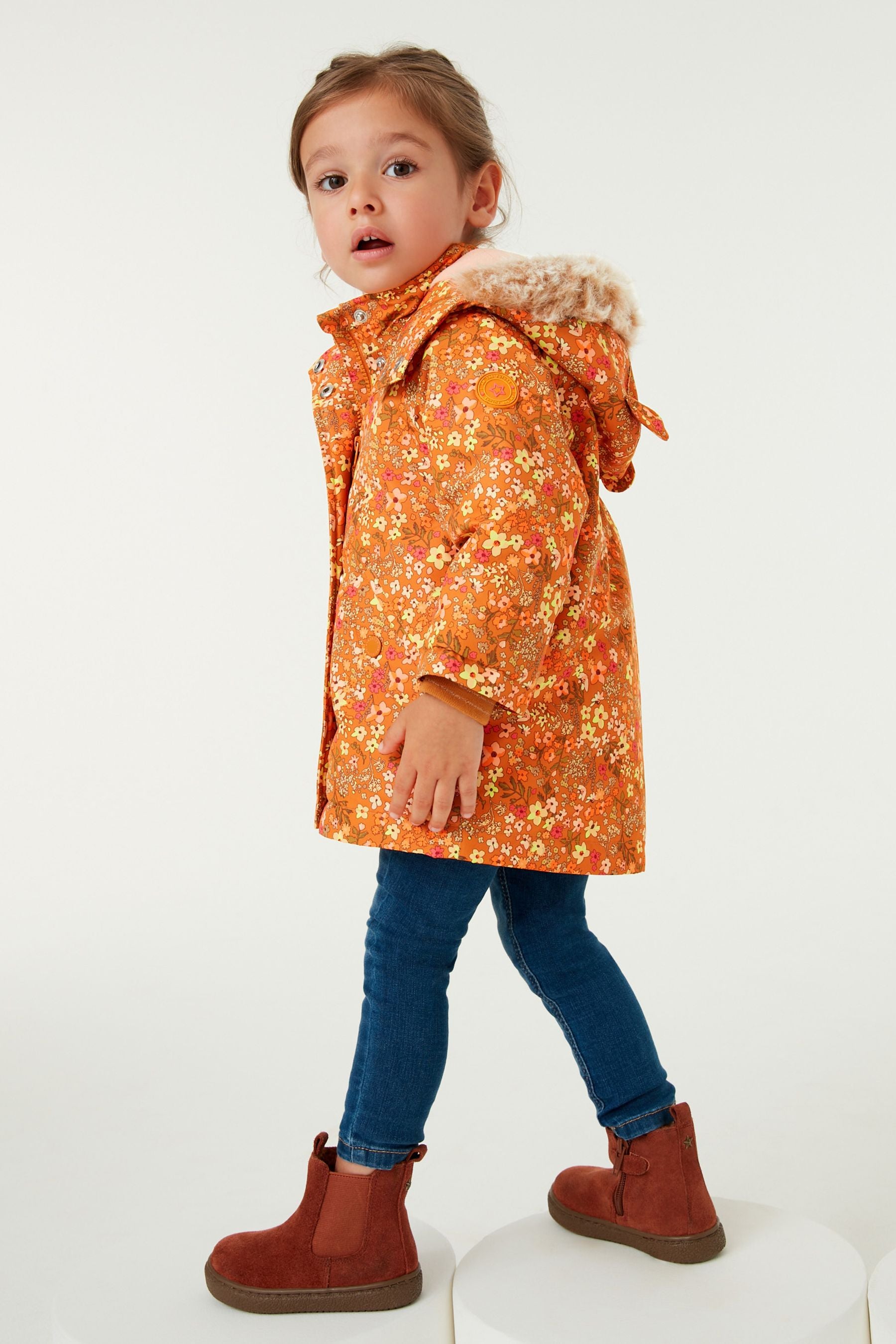 Ochre Yellow Waterproof Printed Padded Coat With Faux Fur Hood (3mths-7yrs)