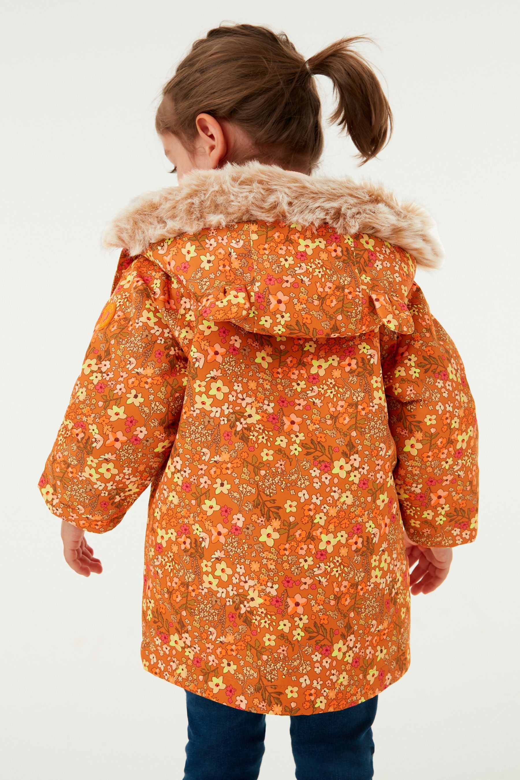 Ochre Yellow Waterproof Printed Padded Coat With Faux Fur Hood (3mths-7yrs)