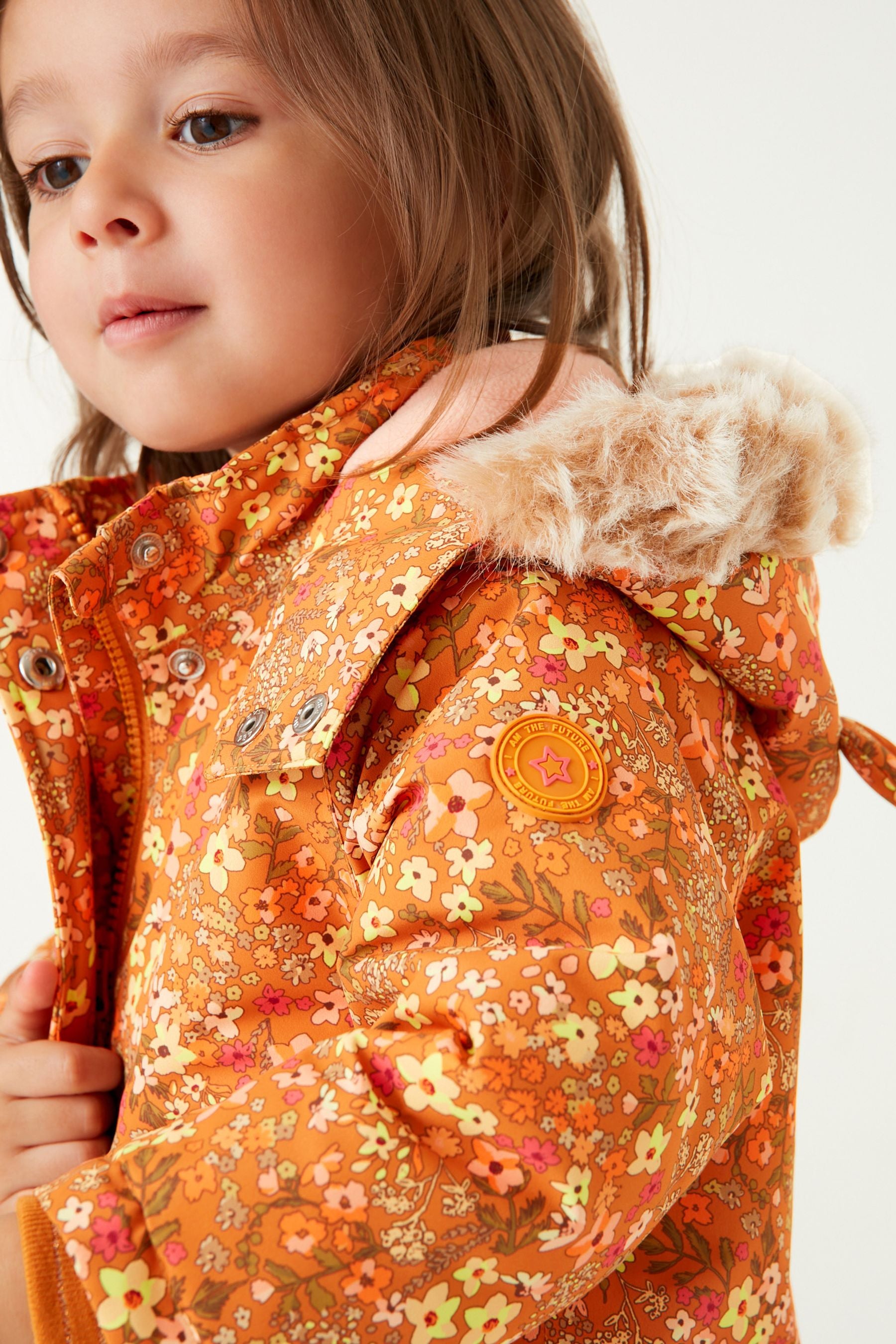 Ochre Yellow Waterproof Printed Padded Coat With Faux Fur Hood (3mths-7yrs)