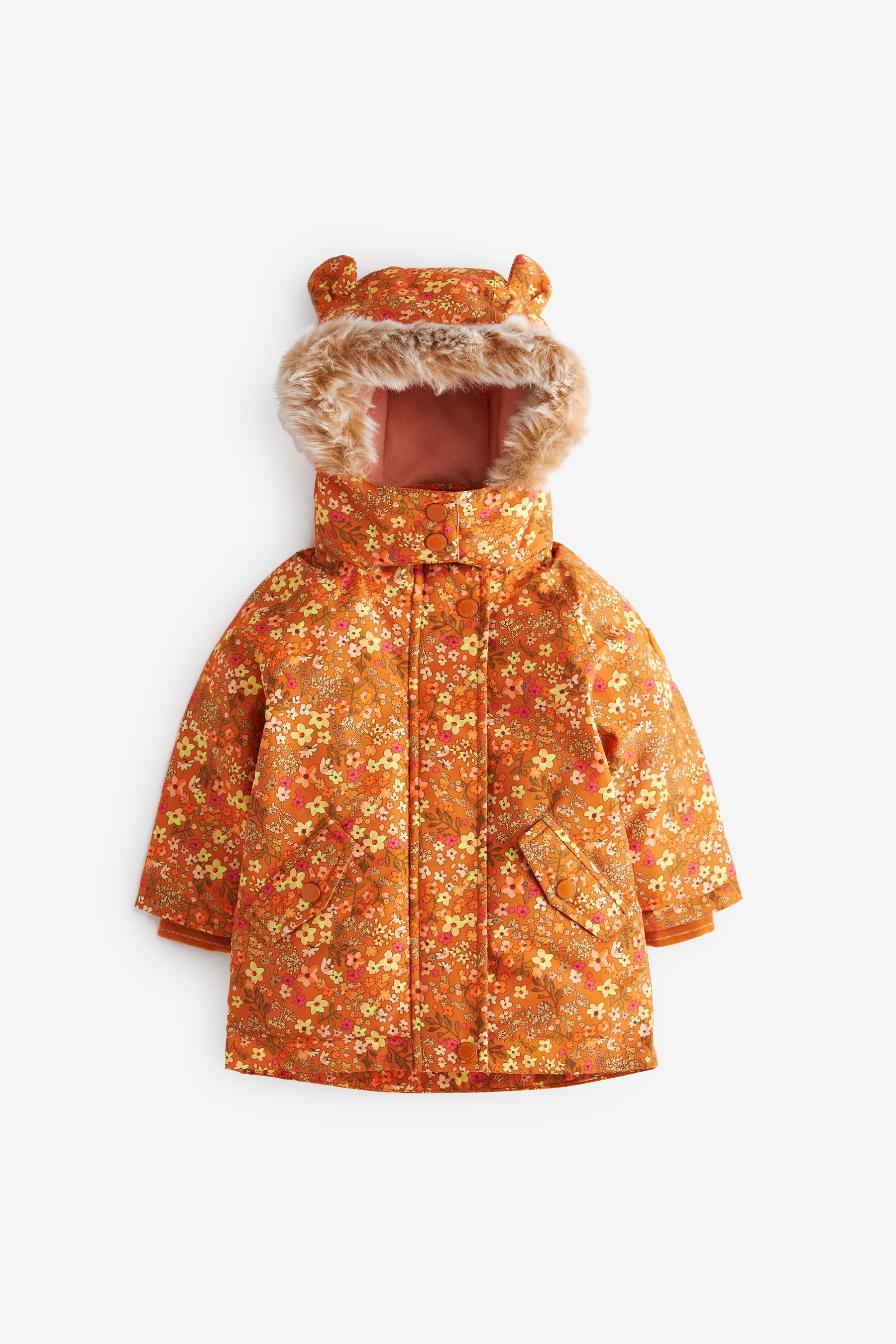 Ochre Yellow Waterproof Printed Padded Coat With Faux Fur Hood (3mths-7yrs)