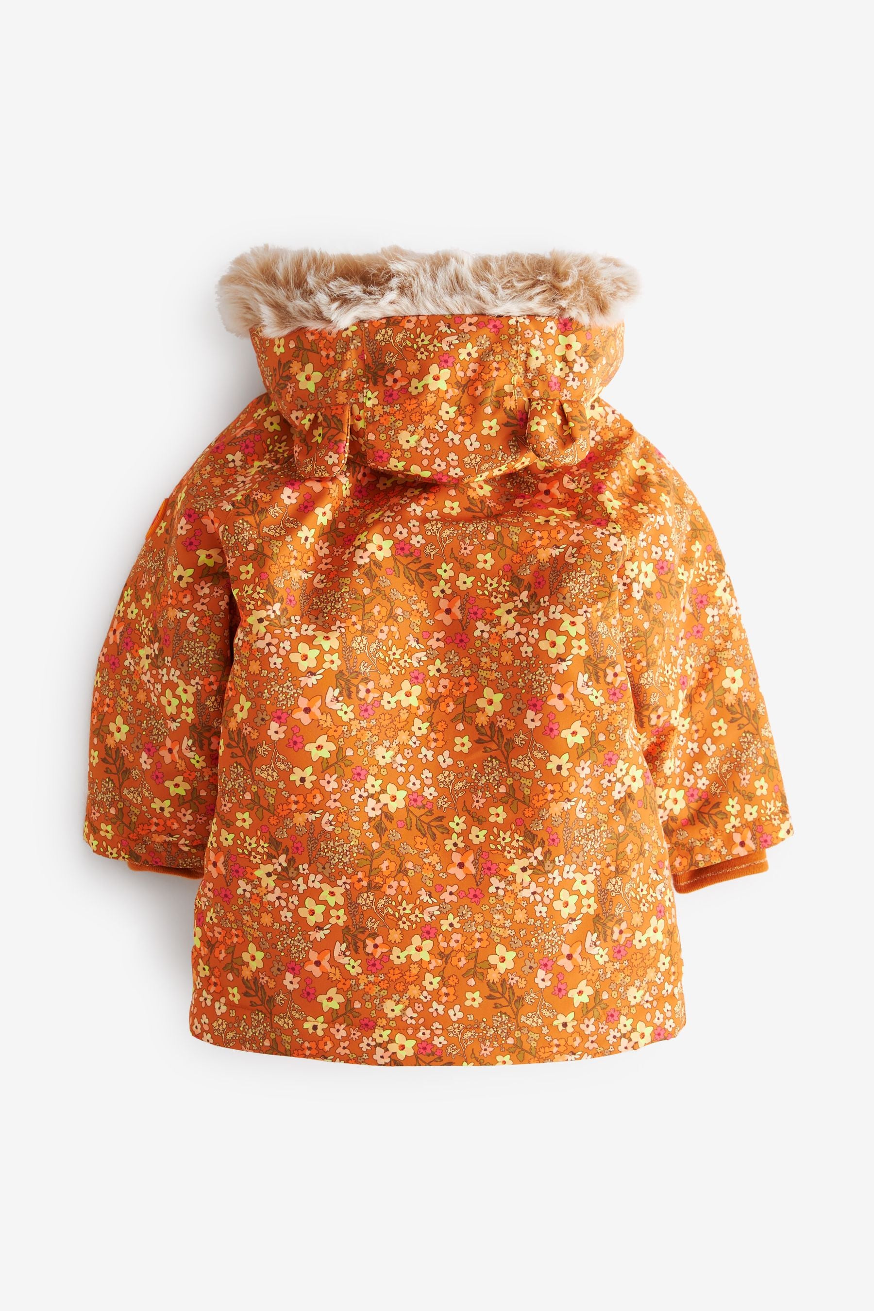 Ochre Yellow Waterproof Printed Padded Coat With Faux Fur Hood (3mths-7yrs)