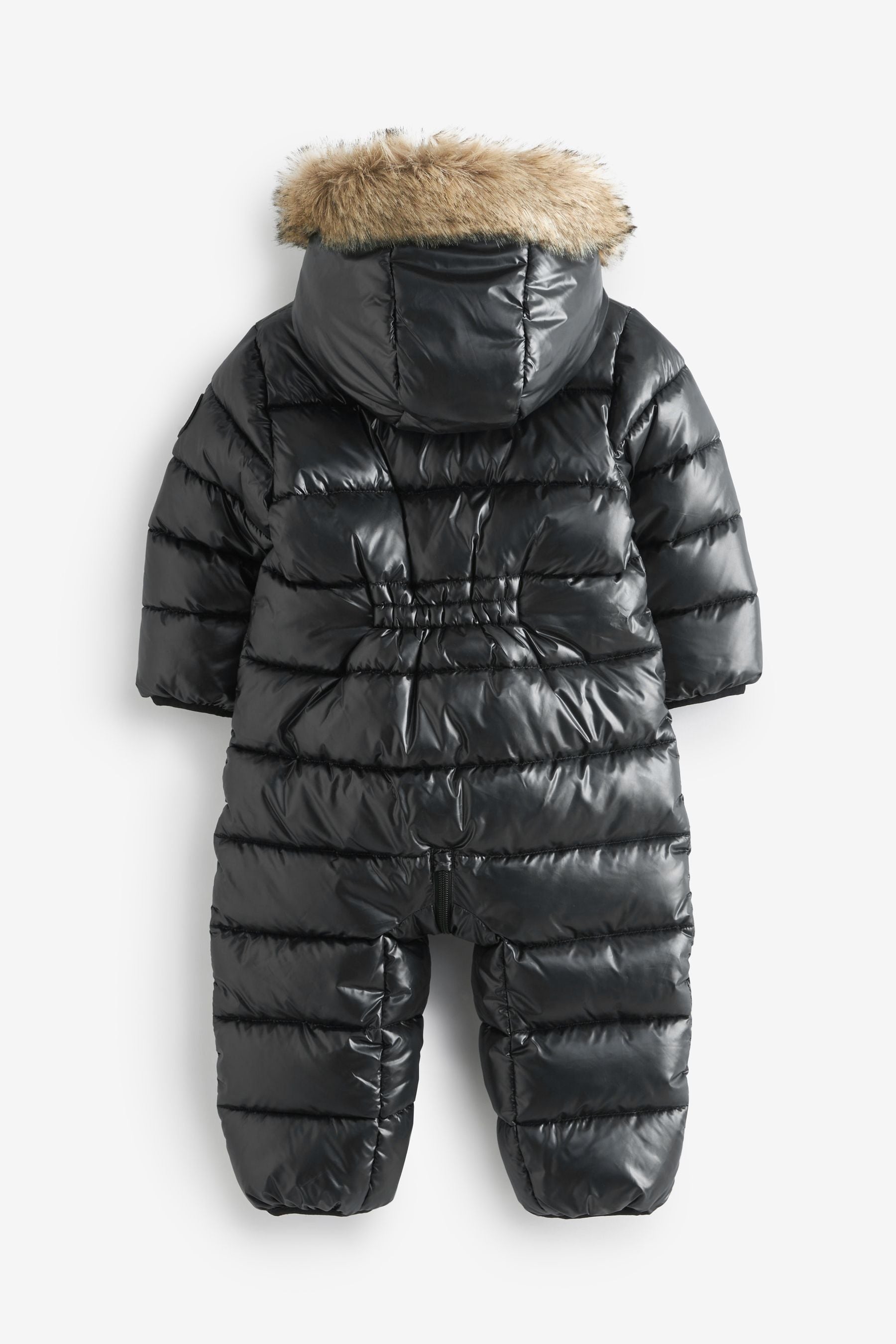 Black Shower Resistant High Shine Snowsuit With Faux Fur Hood Trim (9mths-7yrs)