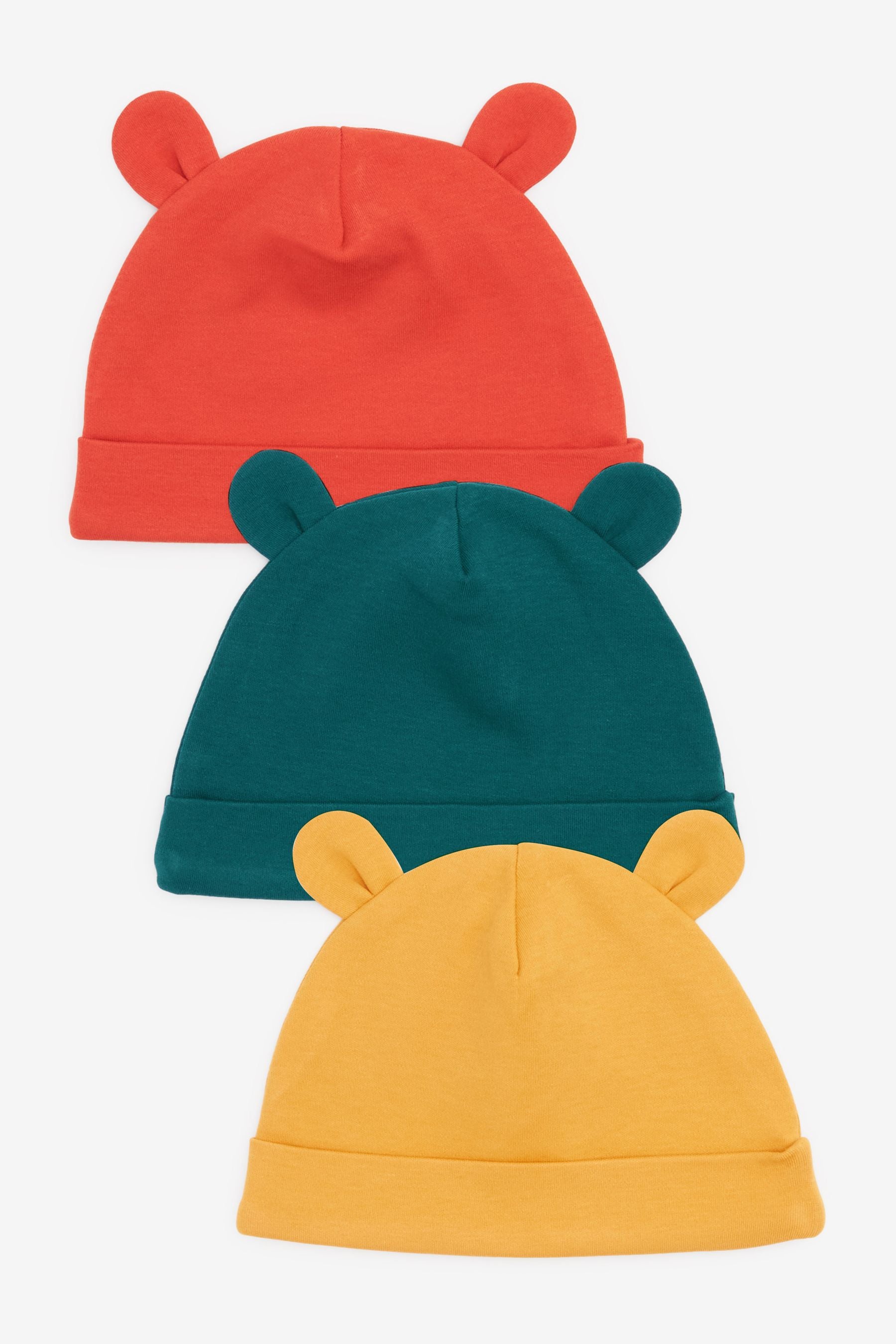 Green/Rust Orange/Ochre Yellow 3 Pack Baby Bear Ear Beanie Hats (0-18mths)