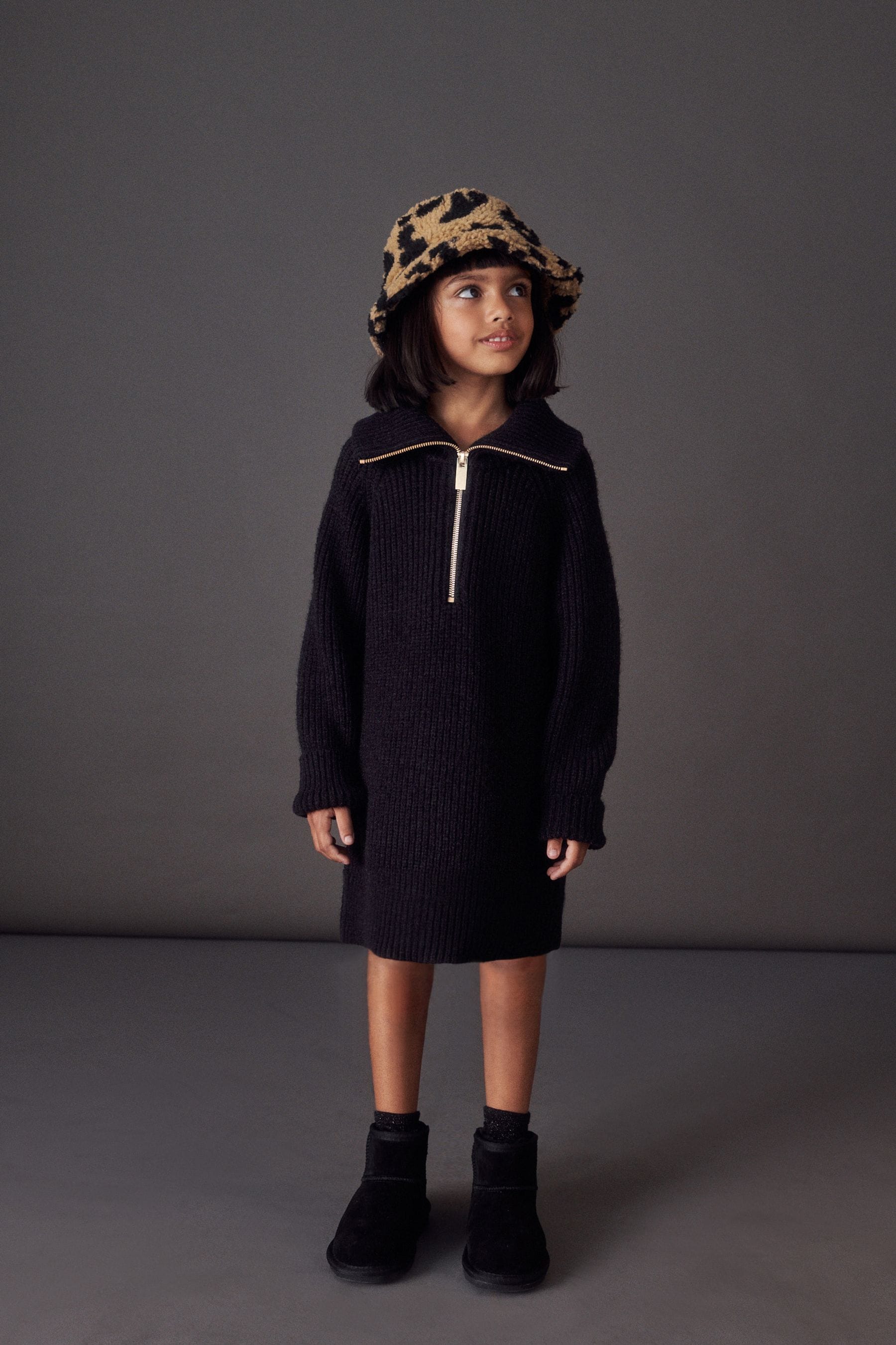 Black Half Zip Knitted Jumper Dress (3-16yrs)