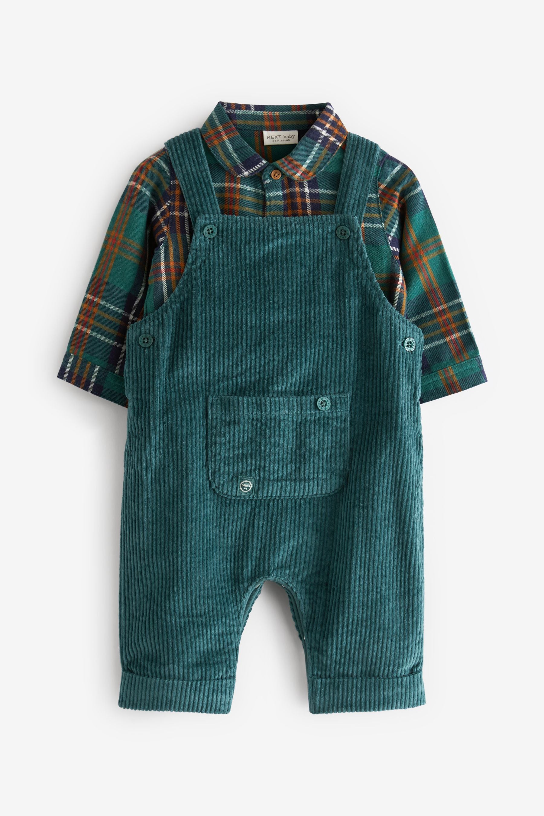 Teal Check 2 Piece Cord Dungarees With Bodysuit (0mths-2yrs)