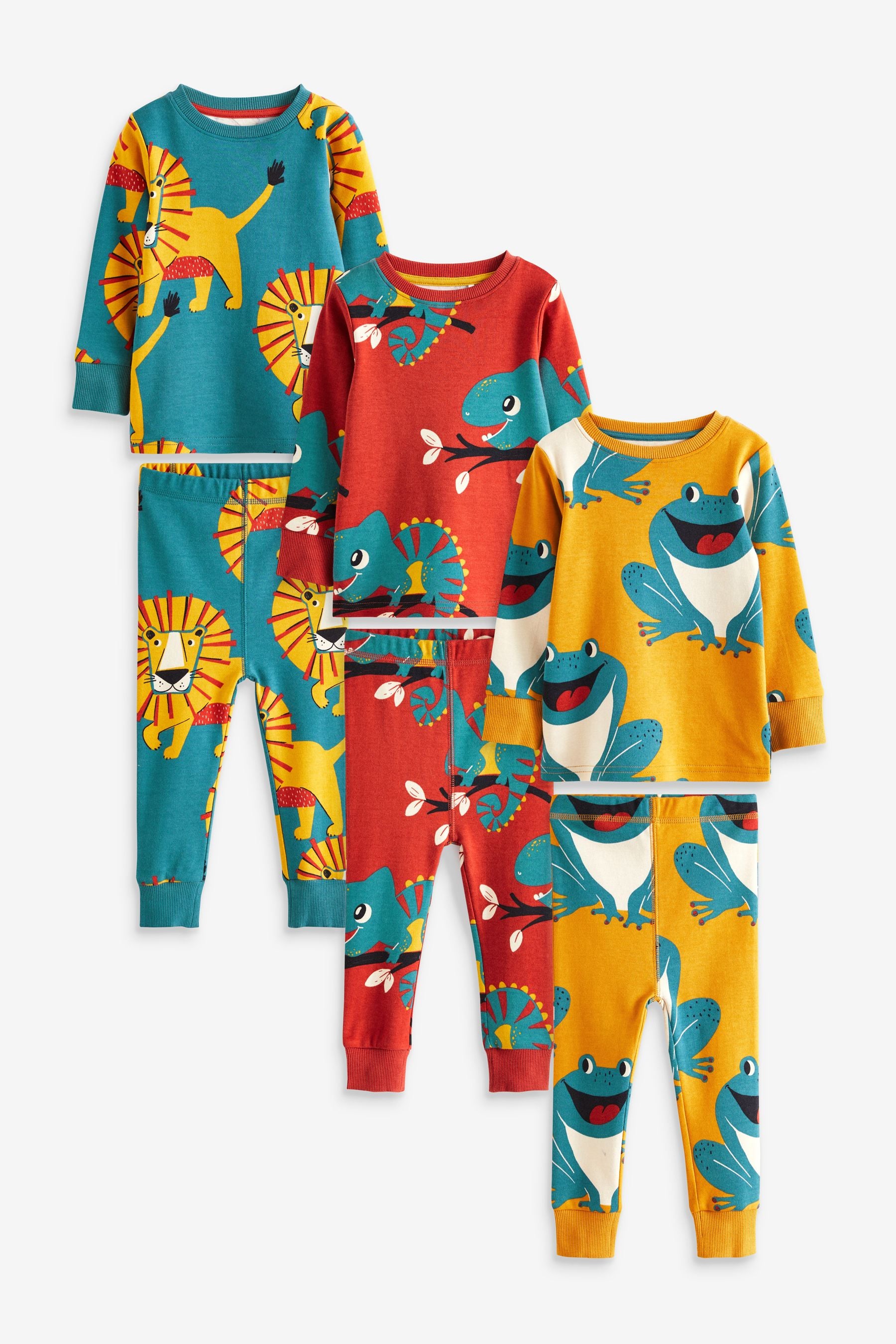 Red/ Blue/ Ochre Yellow Wild Animals Snuggle Pyjamas 3 Pack (9mths-12yrs)