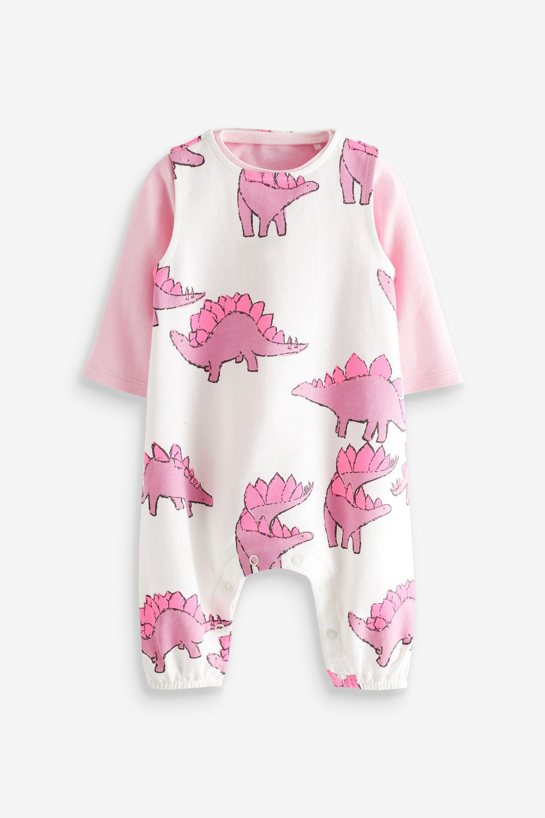 Pink 2 Piece Dino Dungarees And Bodysuit Set