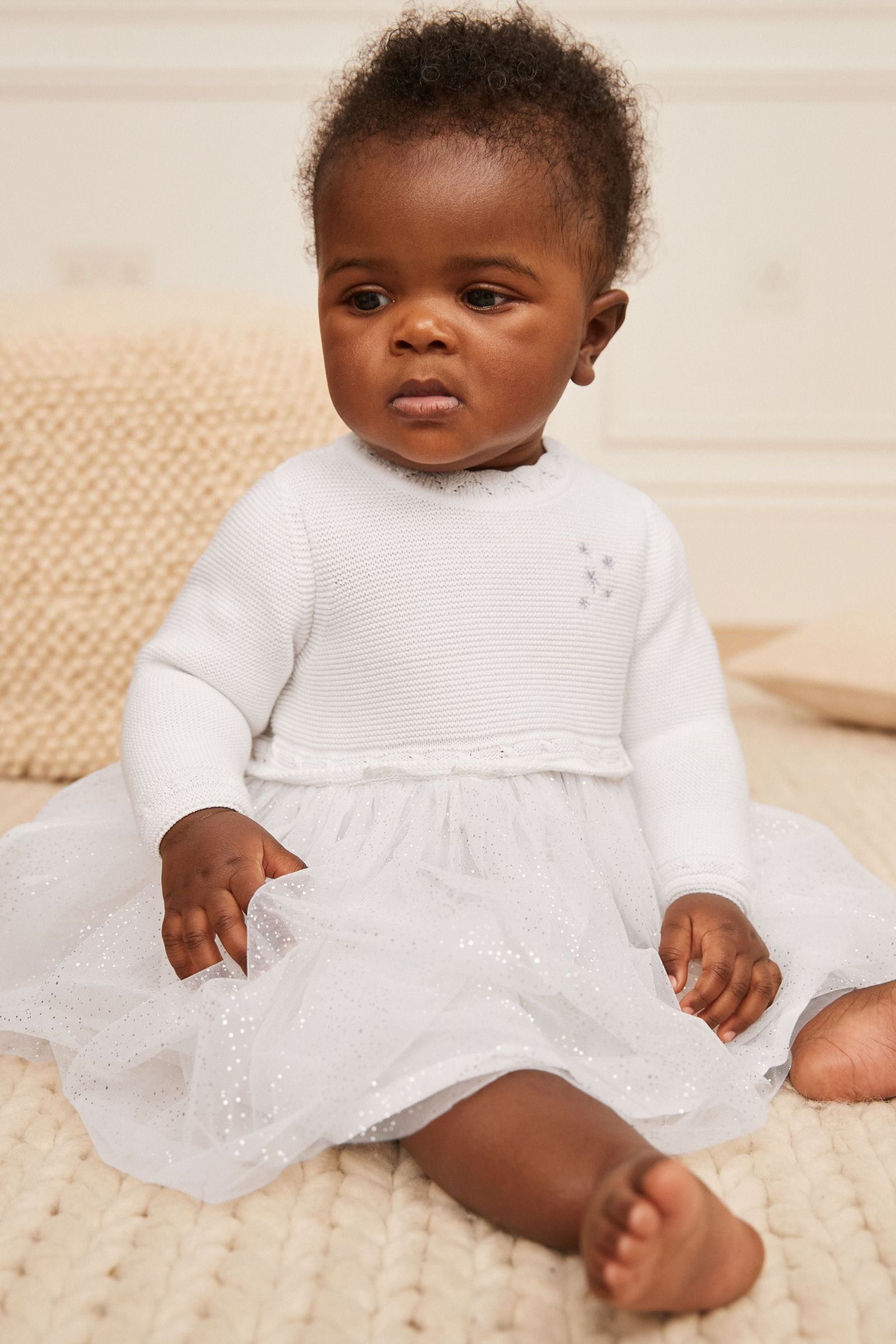 White Sparkle Baby Knitted Mesh Tutu Dress (0mths-2yrs)