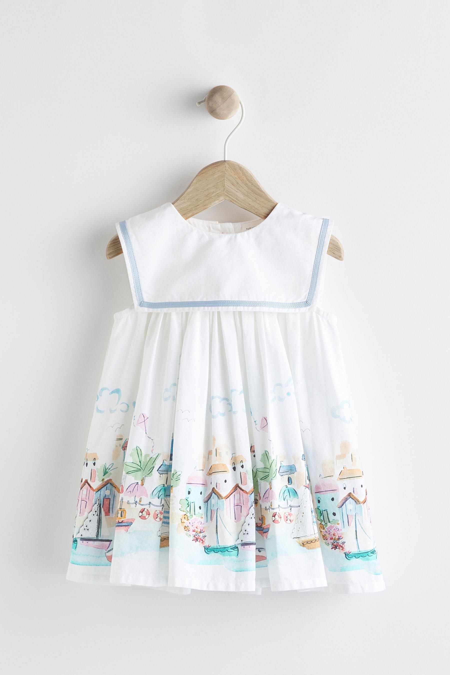 White Seaside Scene Print Baby Prom Dress (0mths-2yrs)