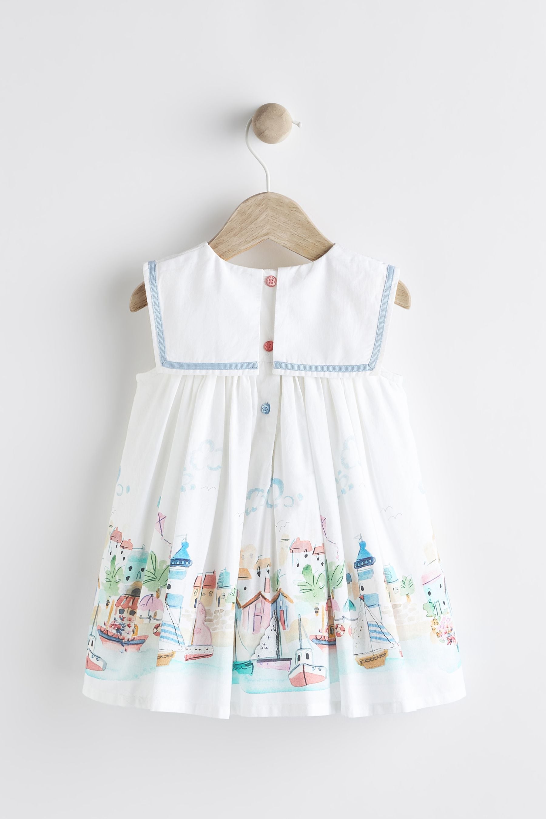 White Seaside Scene Print Baby Prom Dress (0mths-2yrs)